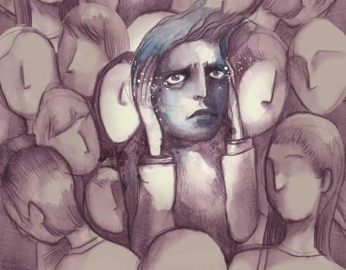 Disegno artistico raffigurante un attacco di panico in mezzo ad altre persone.