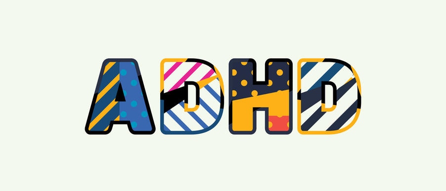 Scritta colorata su sfondo bianco "ADHD"
