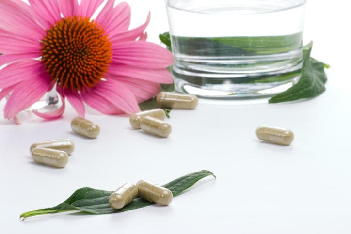Capsule di Echinacea, con un fiore sullo sfondo