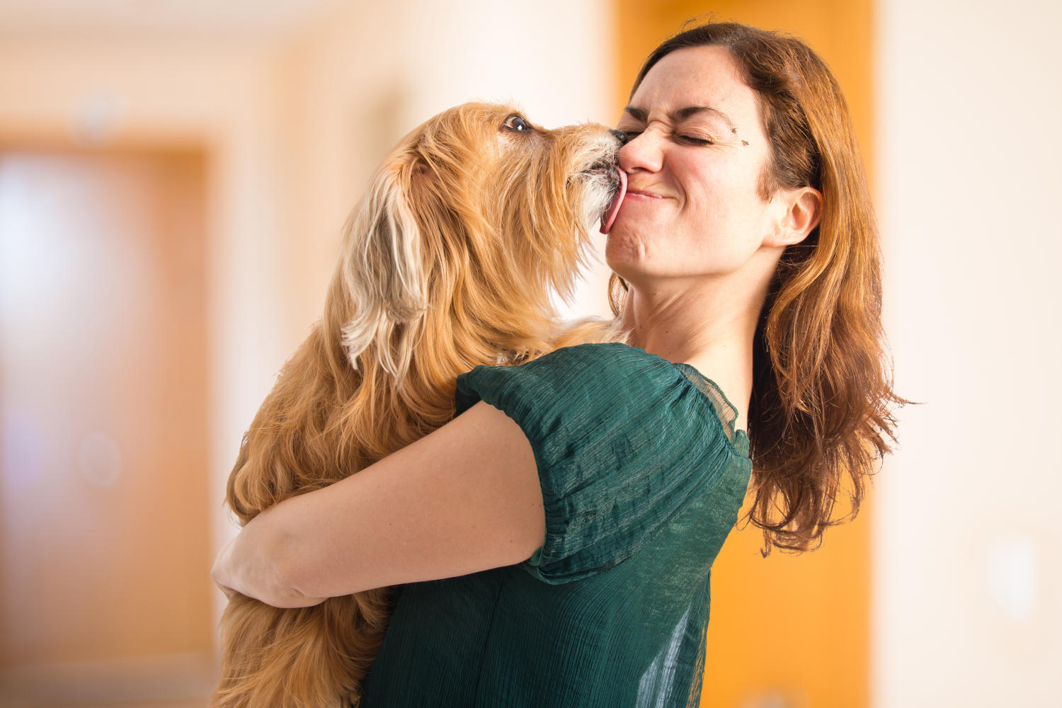 Donna che si fa leccare in viso da un cane