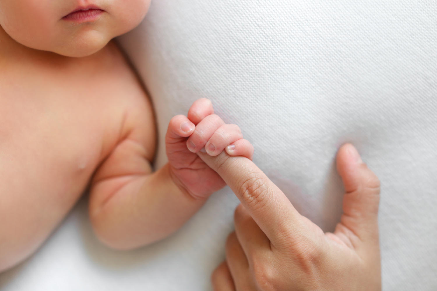 Neonato che tiene il dito di un adulto con la manina