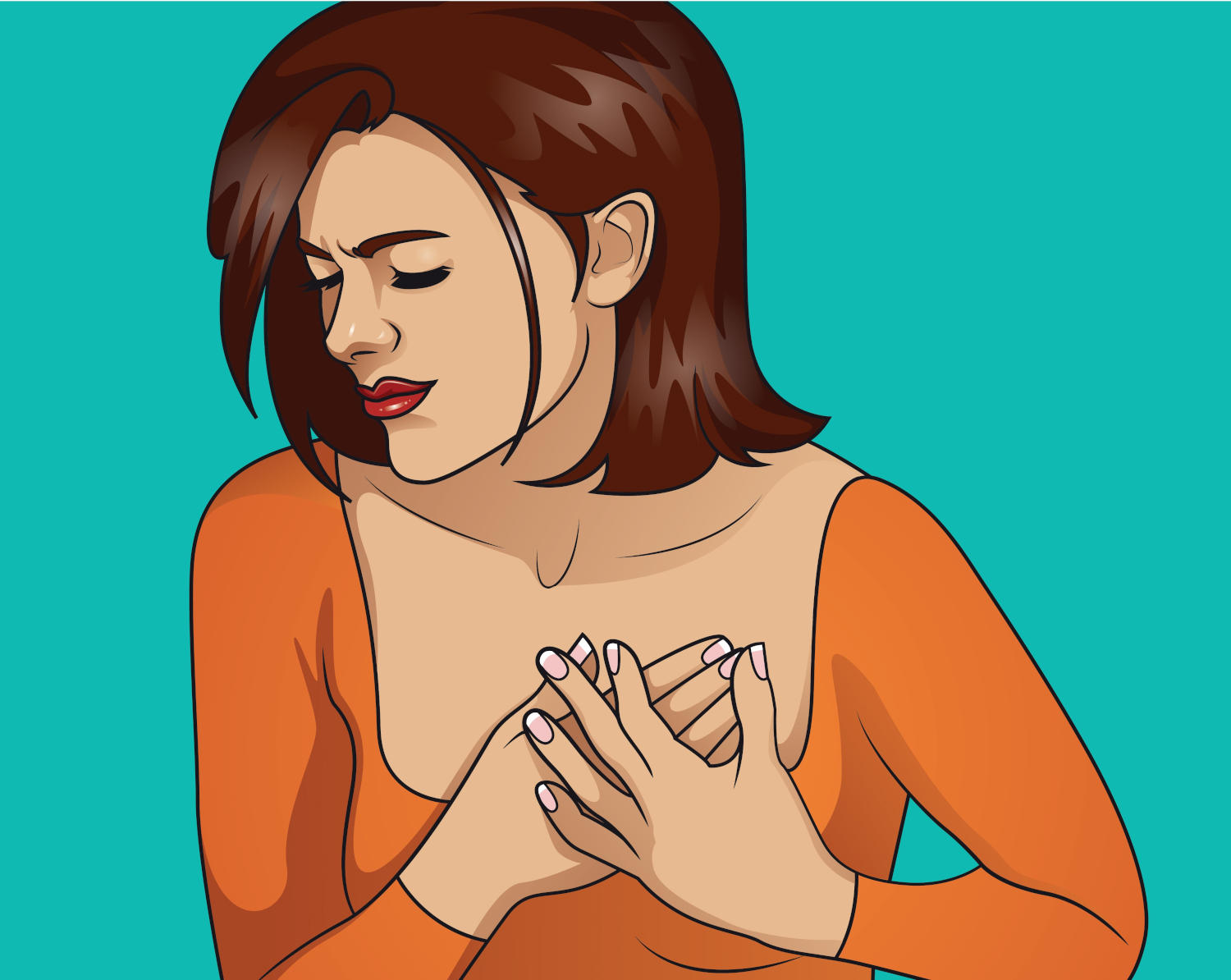 Donna in stile cartoon che si tocca il petto a causa di dolore