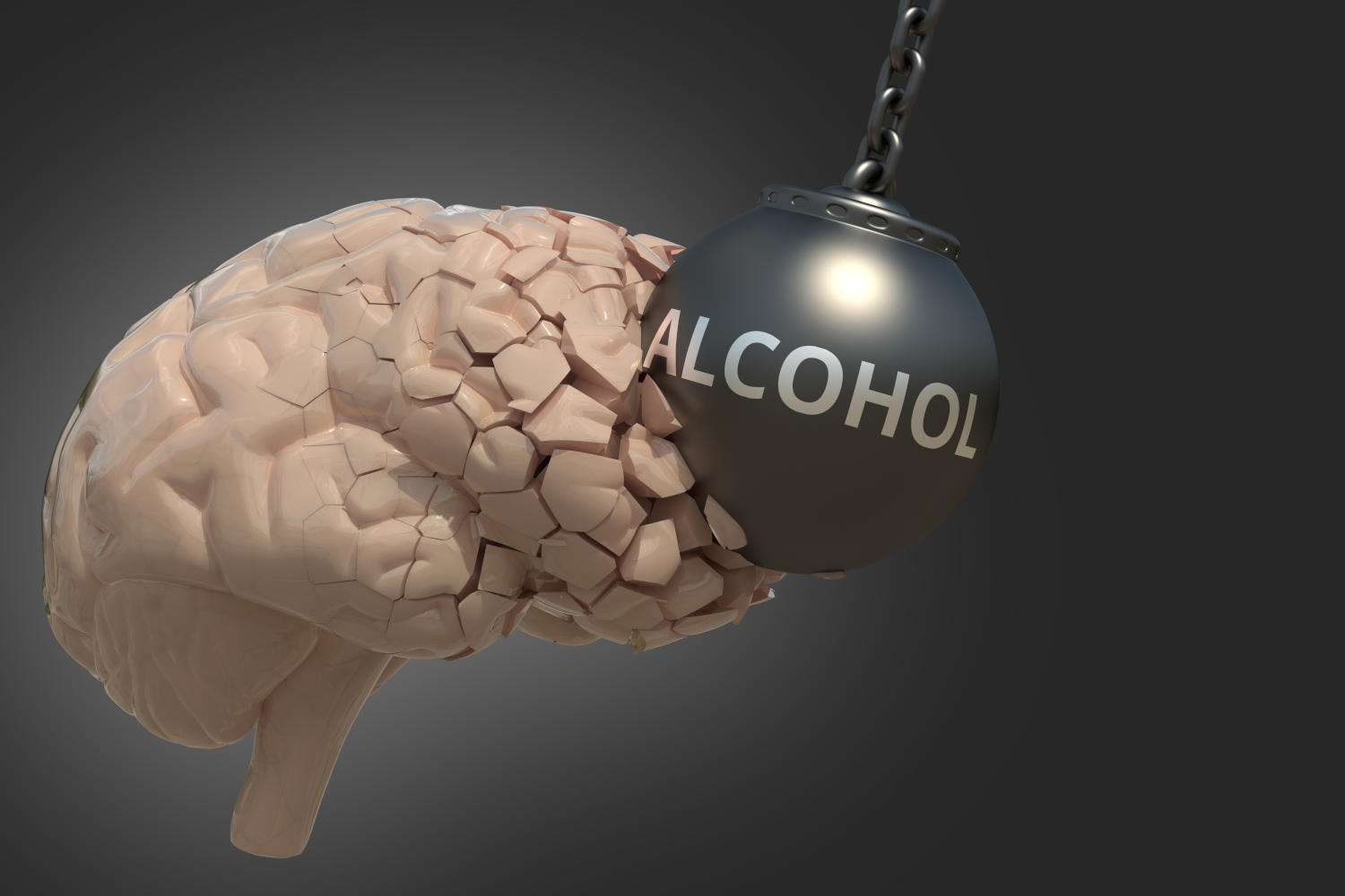 Immagine concettuale di un cervello sgretolato da una palla d'acciaio con la scritta "Alcol"