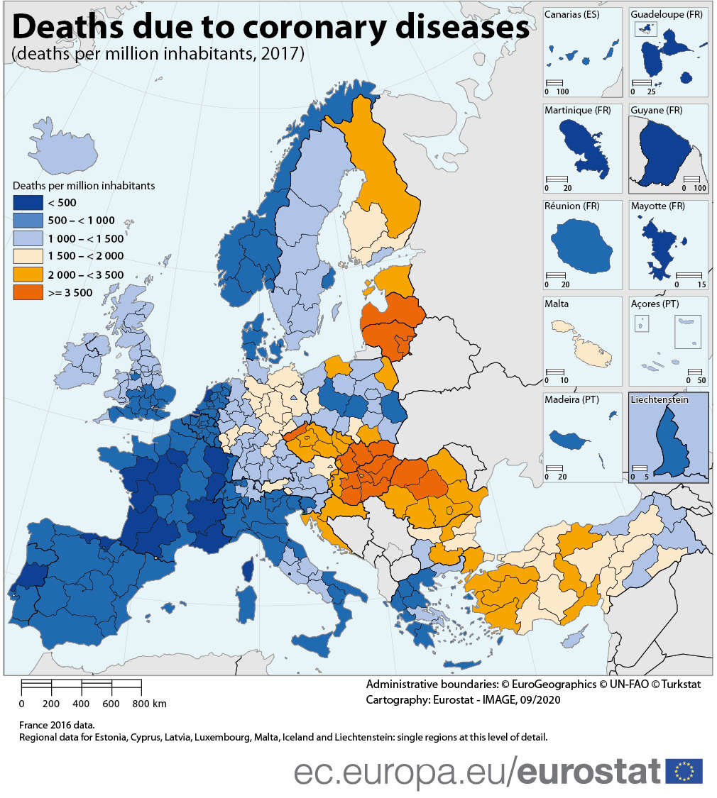 Cartina dell'Europa con rappresentata la mortalit&agrave; per sindrome coronarica