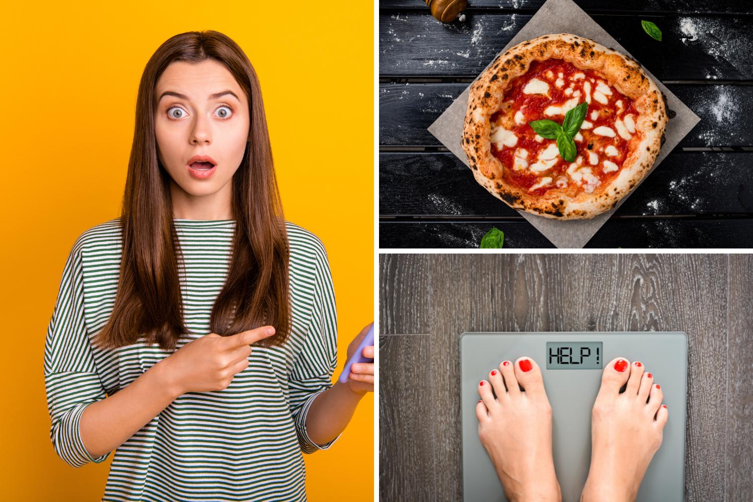 Immagine composta da una ragazza stupita, una pizza e una bilancia con la scritta "Help"