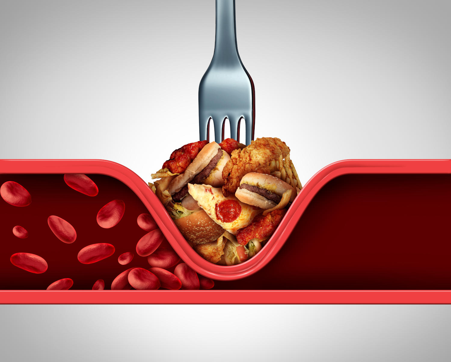 Immagine concettuale: forchetta che attraverso cibo da fast food comprime un vaso sanguigno