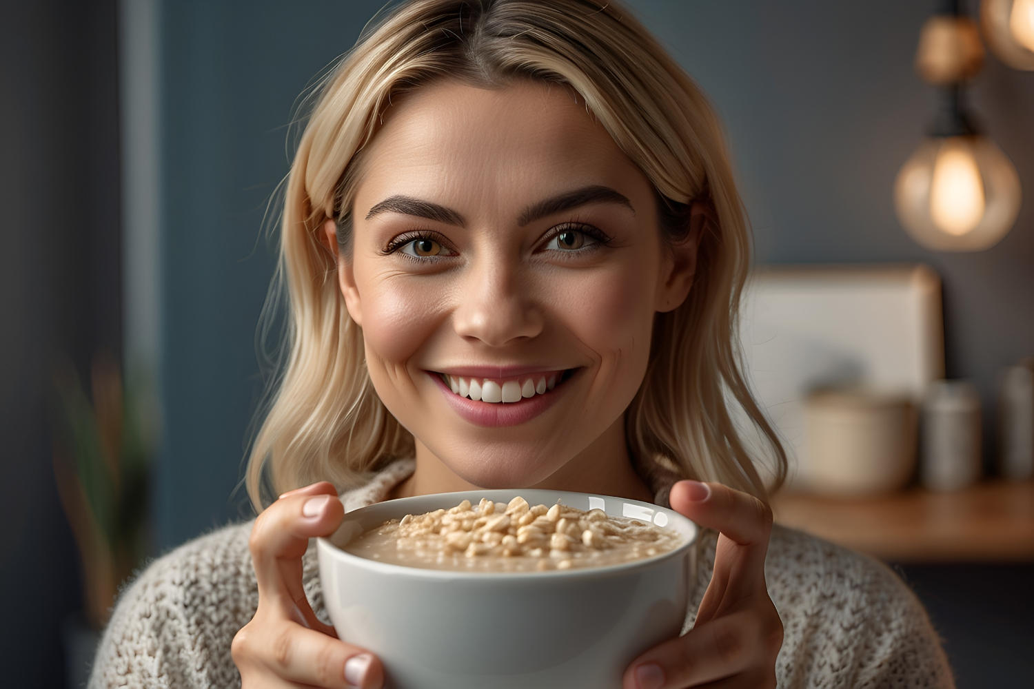 Donna che guarda in camera mentre tiene una tazza di porridge