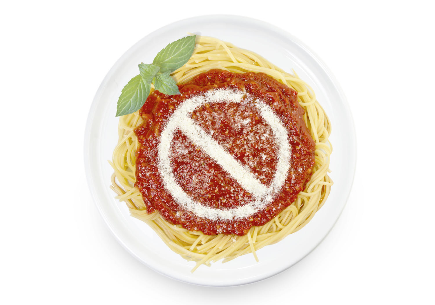 Pasta al sugo e disegnato sopra un simbolo di "vietato"
