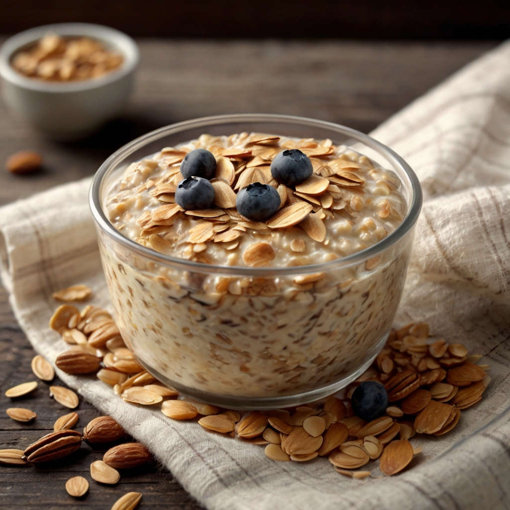 Overnight oat decorato con scaglie di mandorle e mirtilli