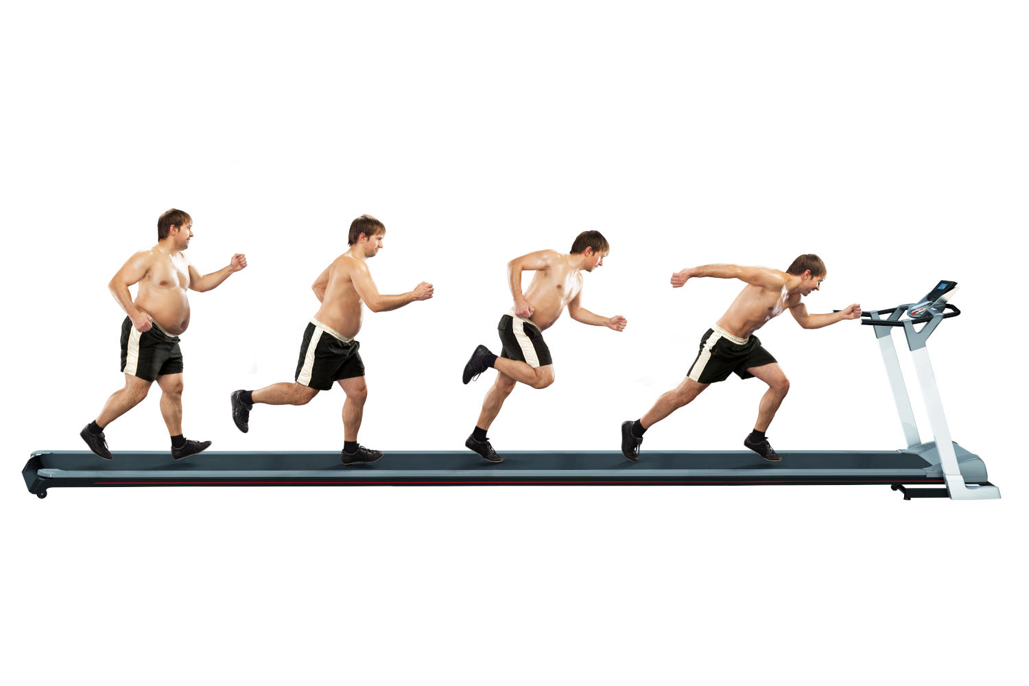 Immagine concettuale che mostra lo stesso atleta che corre e dimagrisce nel tempo