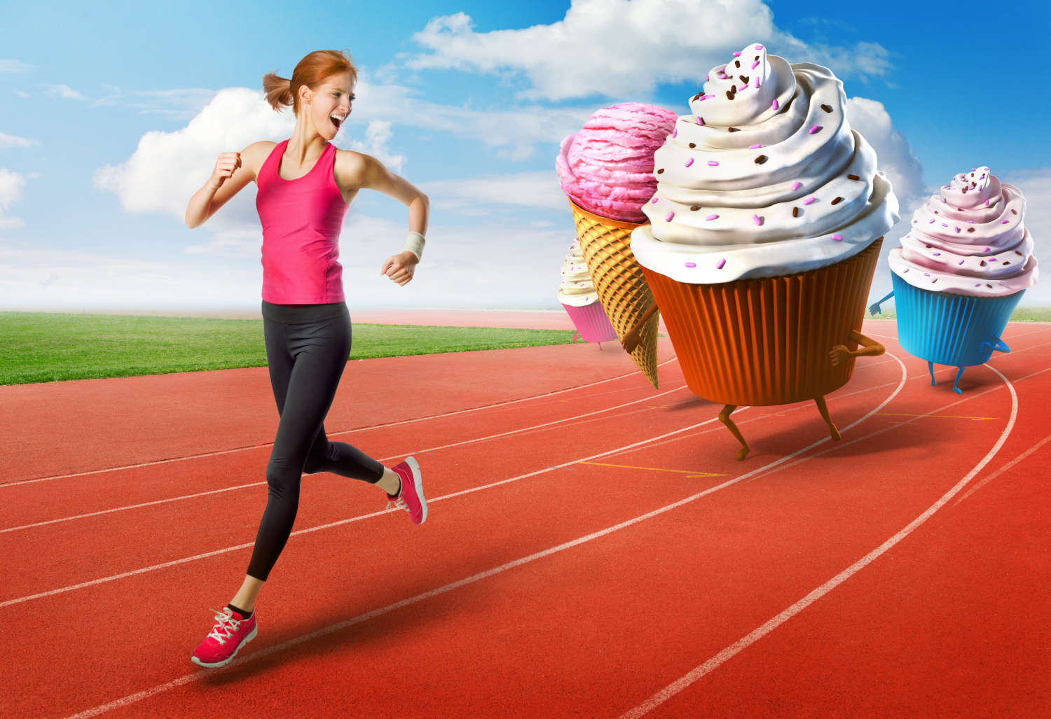 Ragazza su una pista di atletica che scappa da dolci giganti