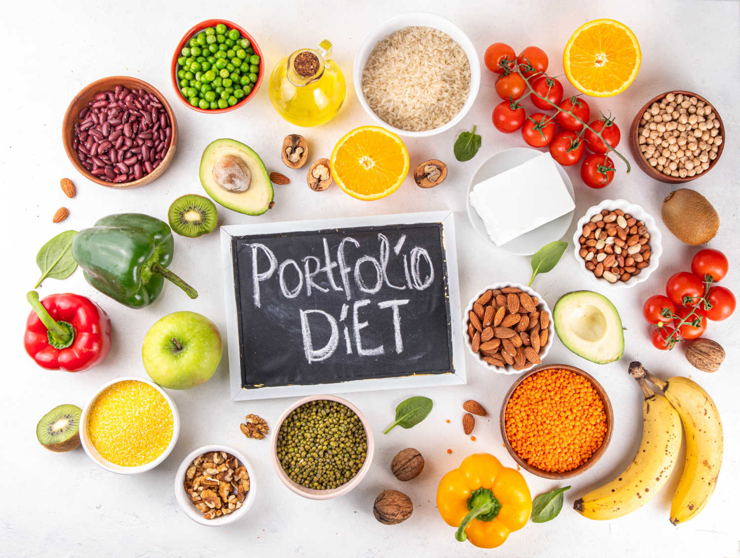 Alimenti caratteristici della dieta Portfolio: cereali integrali, legumi, verdura, noci, ...
