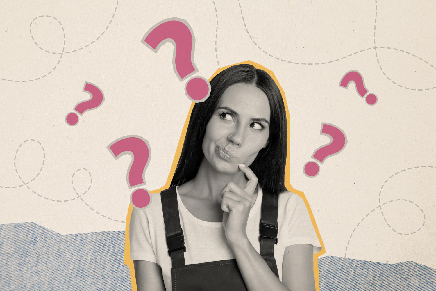 Donna con sguardo dubbioso e sfondo con punti interrogativi