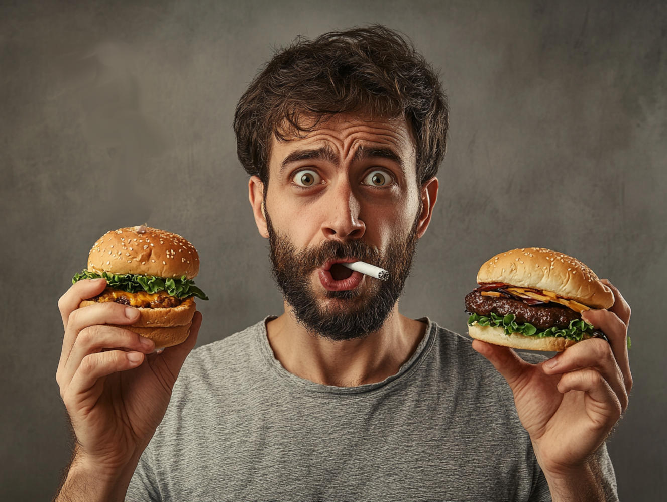 Uomo con sguardo dubbioso che deve scegliere tra una sigaretta e due panini che ha in mano