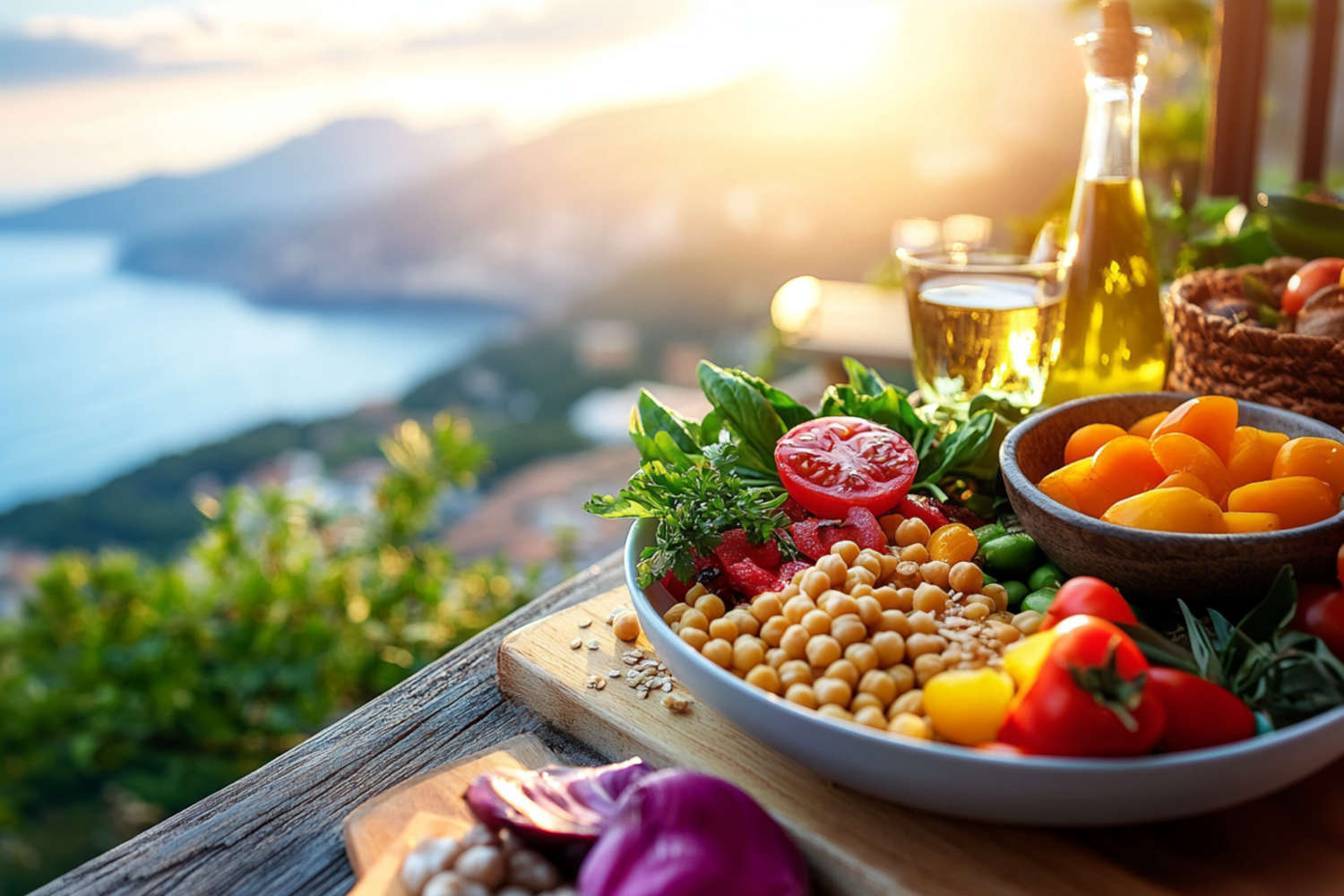 Alimenti sani con l'alba sul mare di sfondo