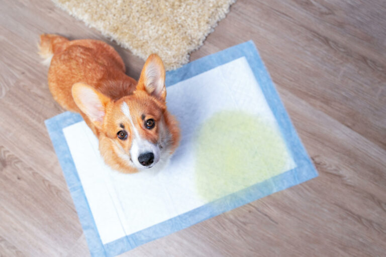 Un cane corgi &egrave; seduto su una traversa usa e getta macchiata di urina 