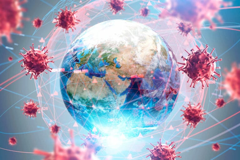 Immagine concettuale del mondo attorniato da virus
