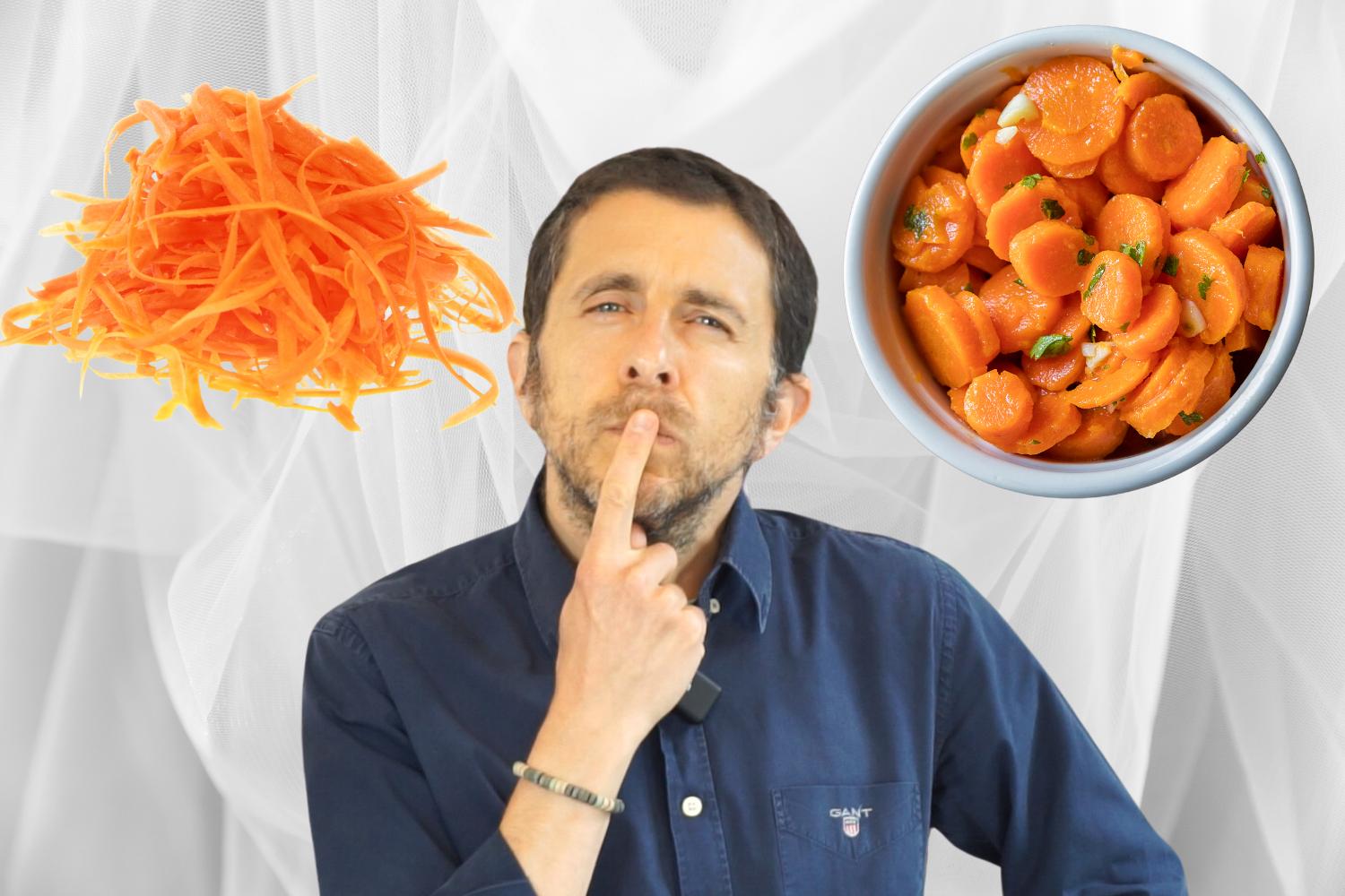Uomo in dubbio tra carote a julienne crude e cotte