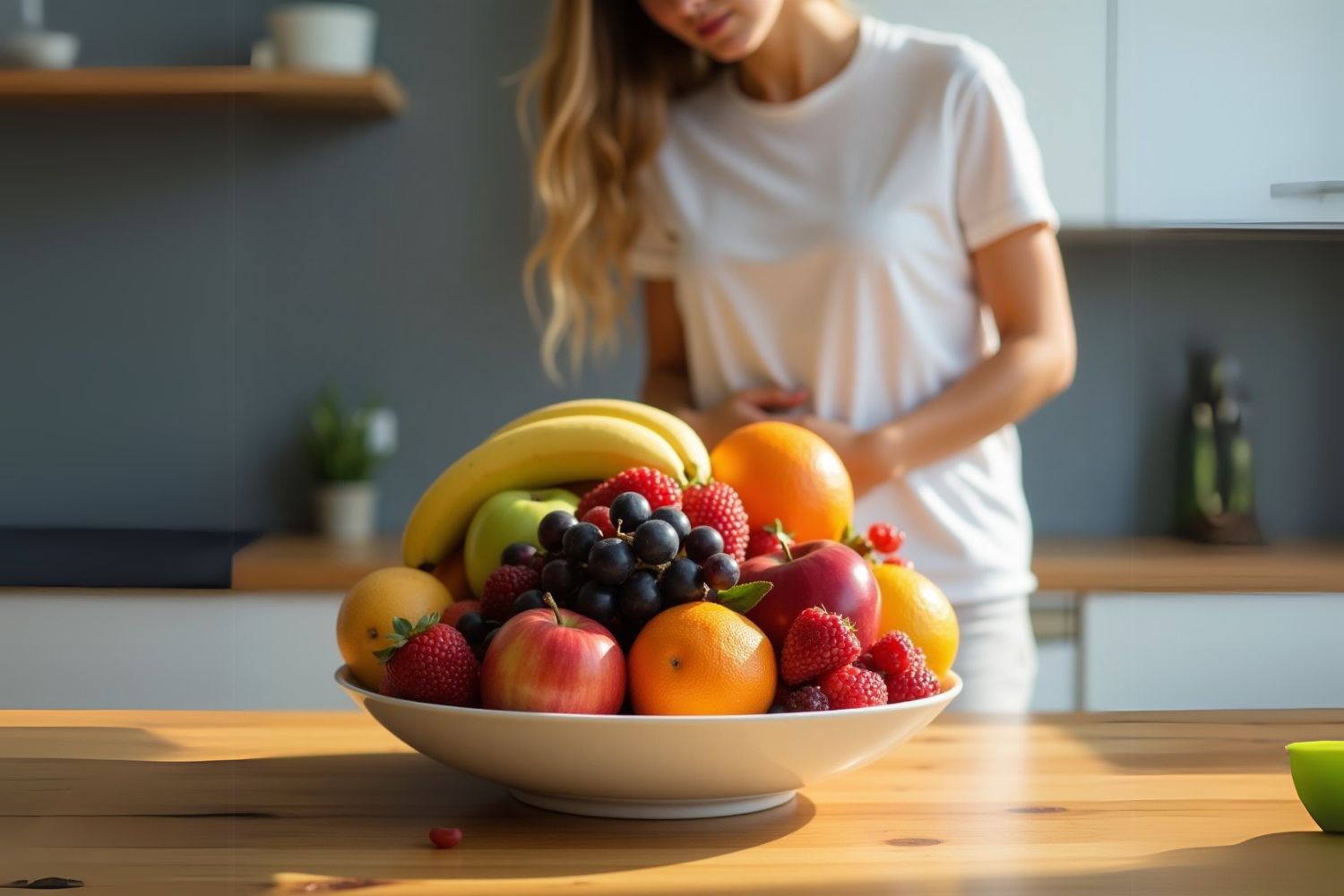 Cesto di frutta e sullo sfondo ragazza con dolore alla pancia