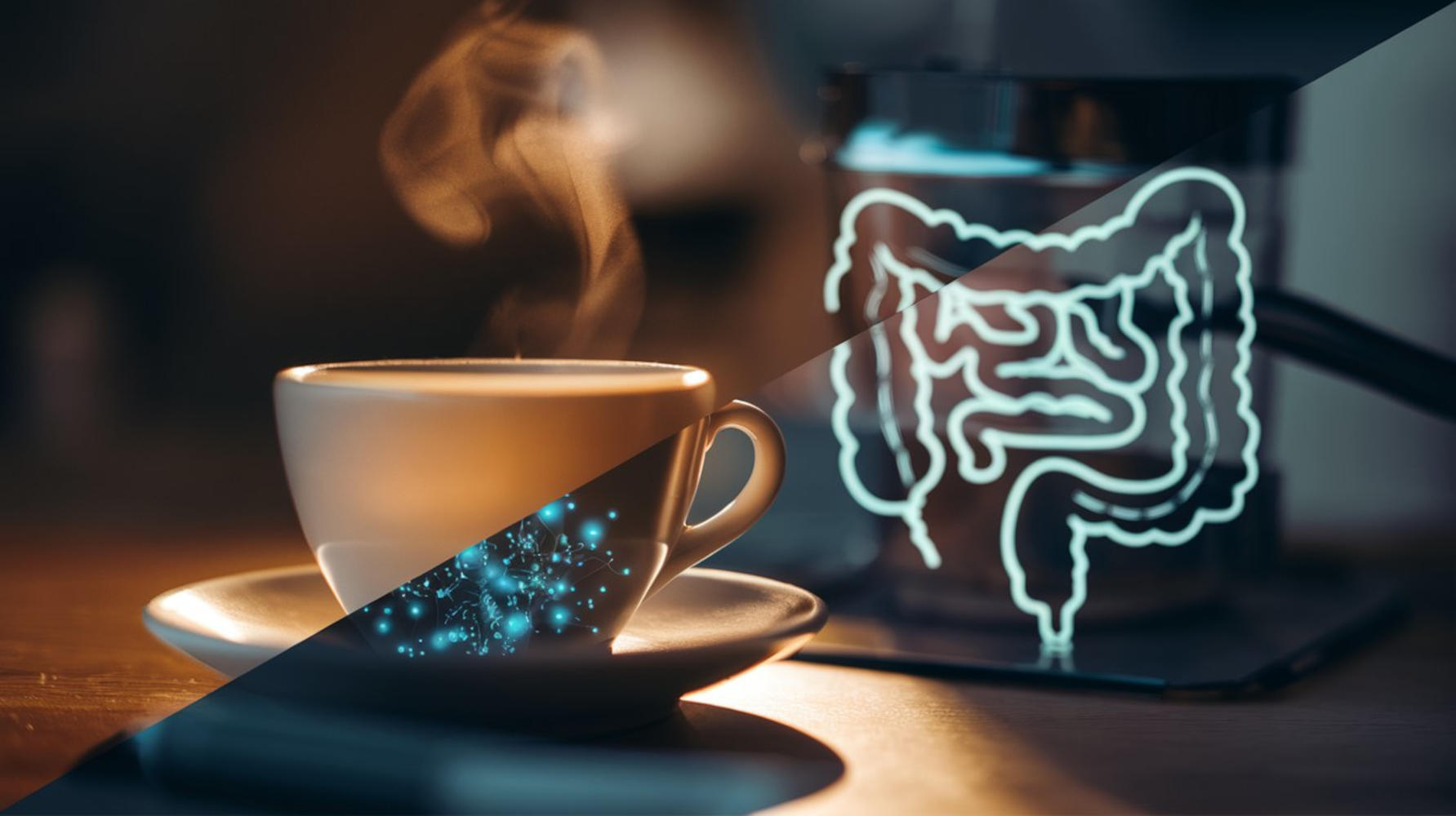 Tazzina di caff&egrave; e sul retro disegnato un intestino umano