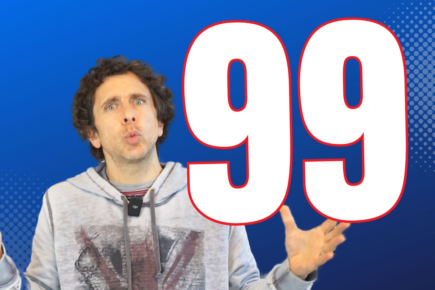 Faccia curiosa di fianco a un 99 scritto in grande