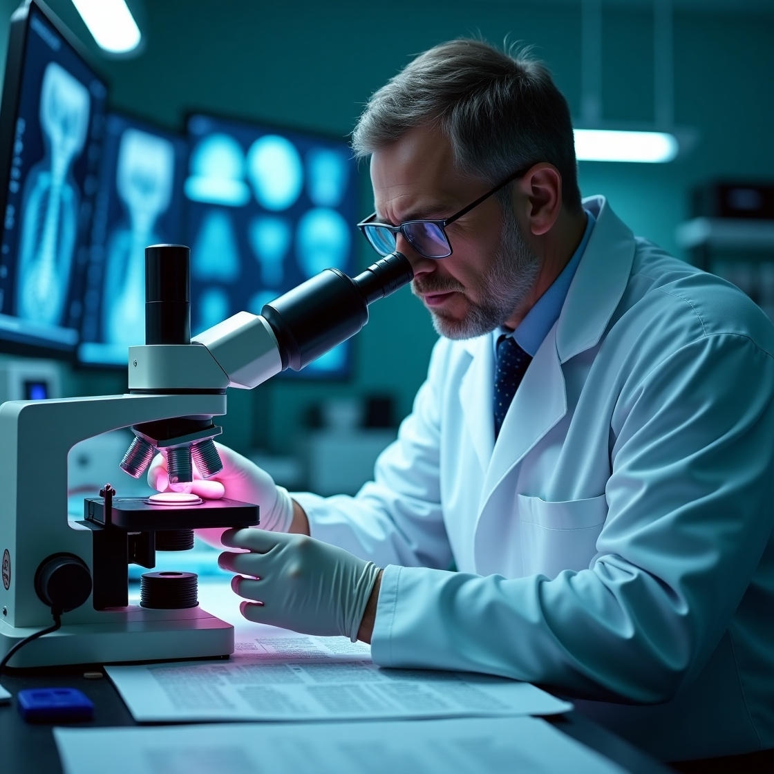 Anatomo-patologo al lavoro in laboratorio