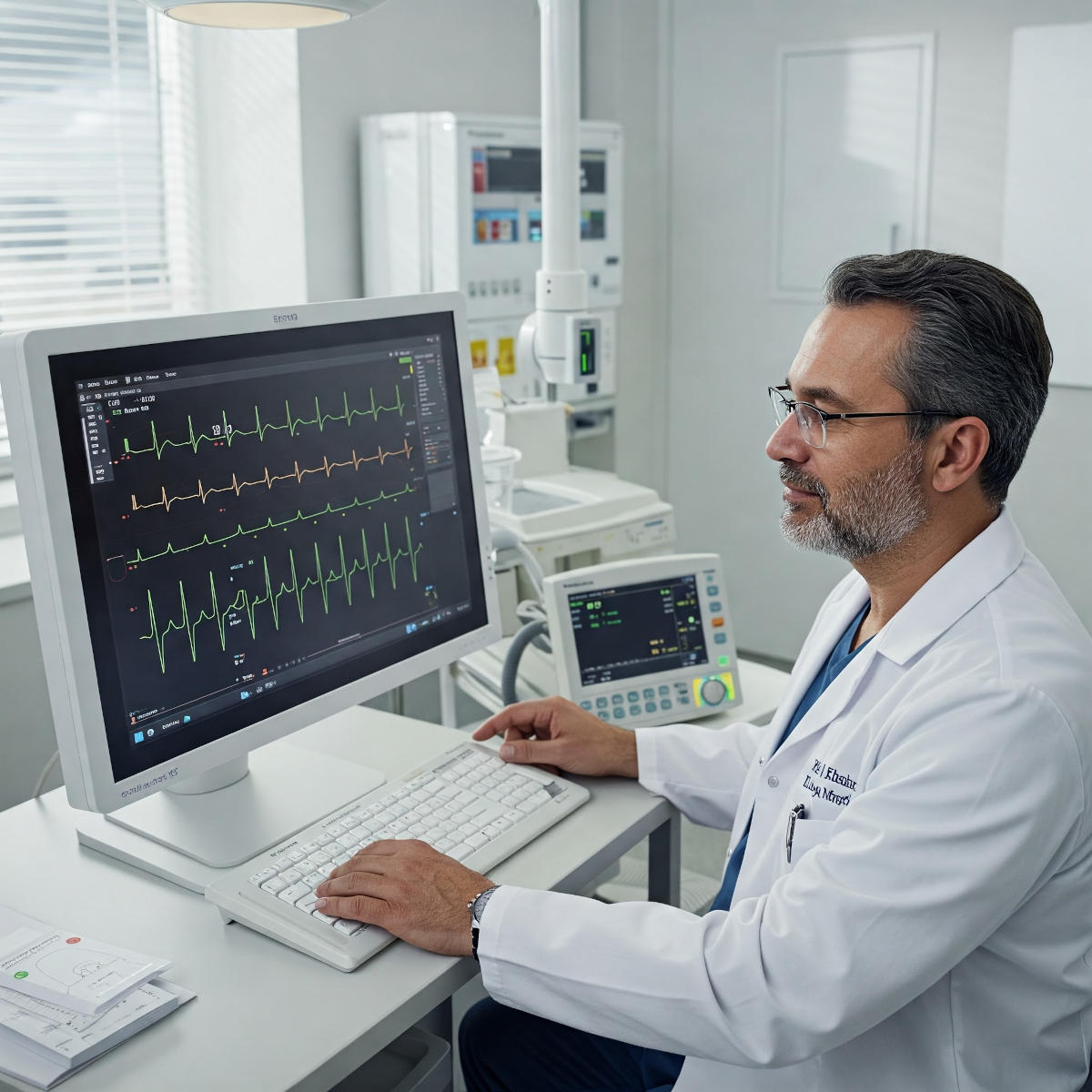 Cardiologo che guarda un monitor con un tracciato ECG