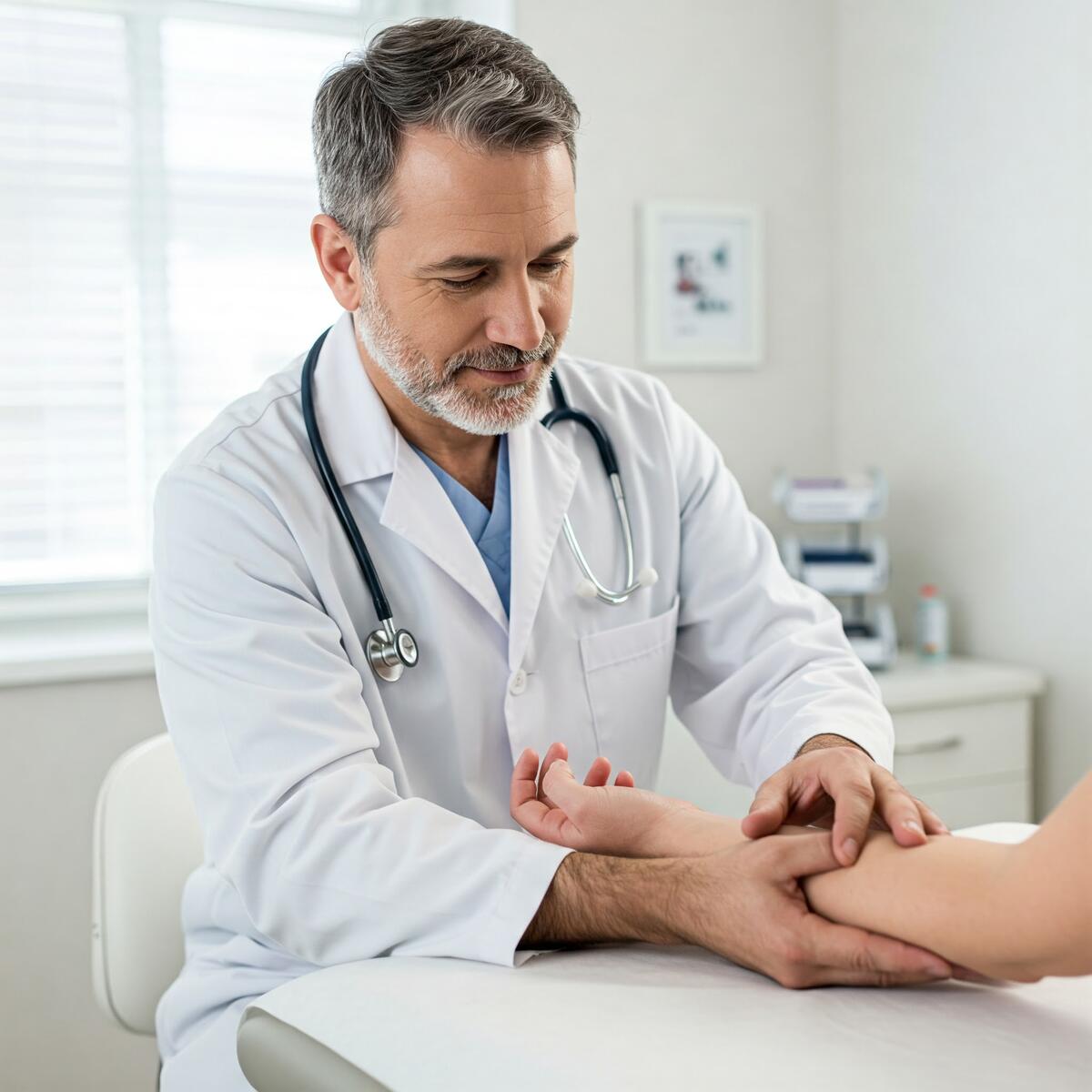 Medico che valuta il braccio di un paziente