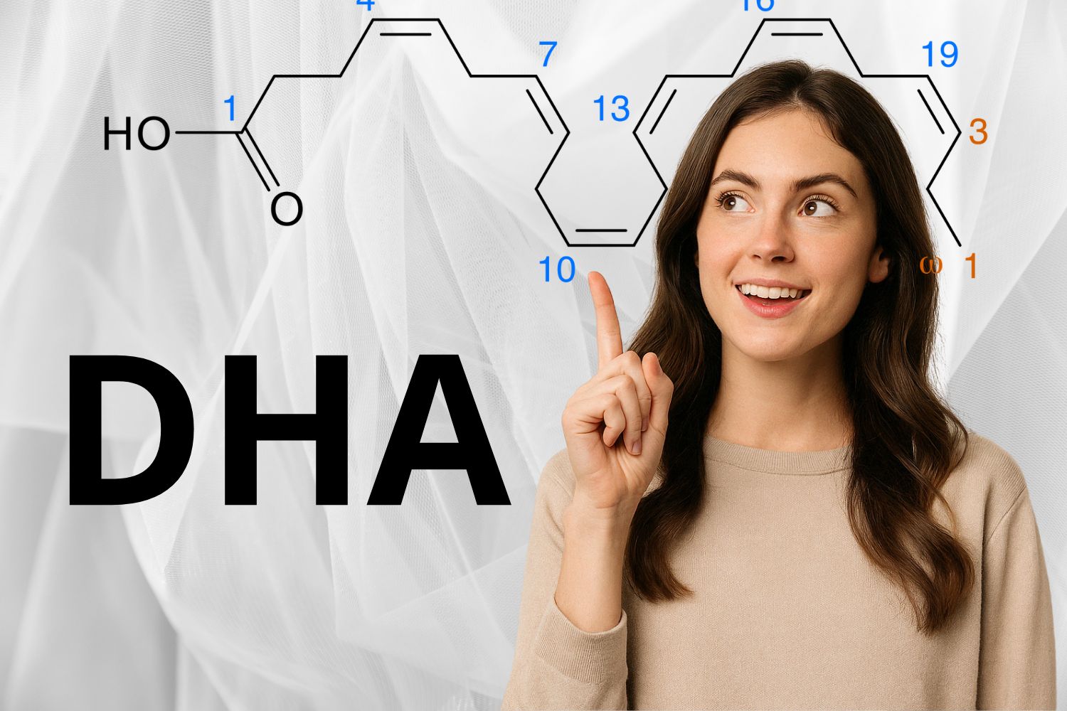 Ragazza che alza il dito e alle spalle la formula chimica del DHA