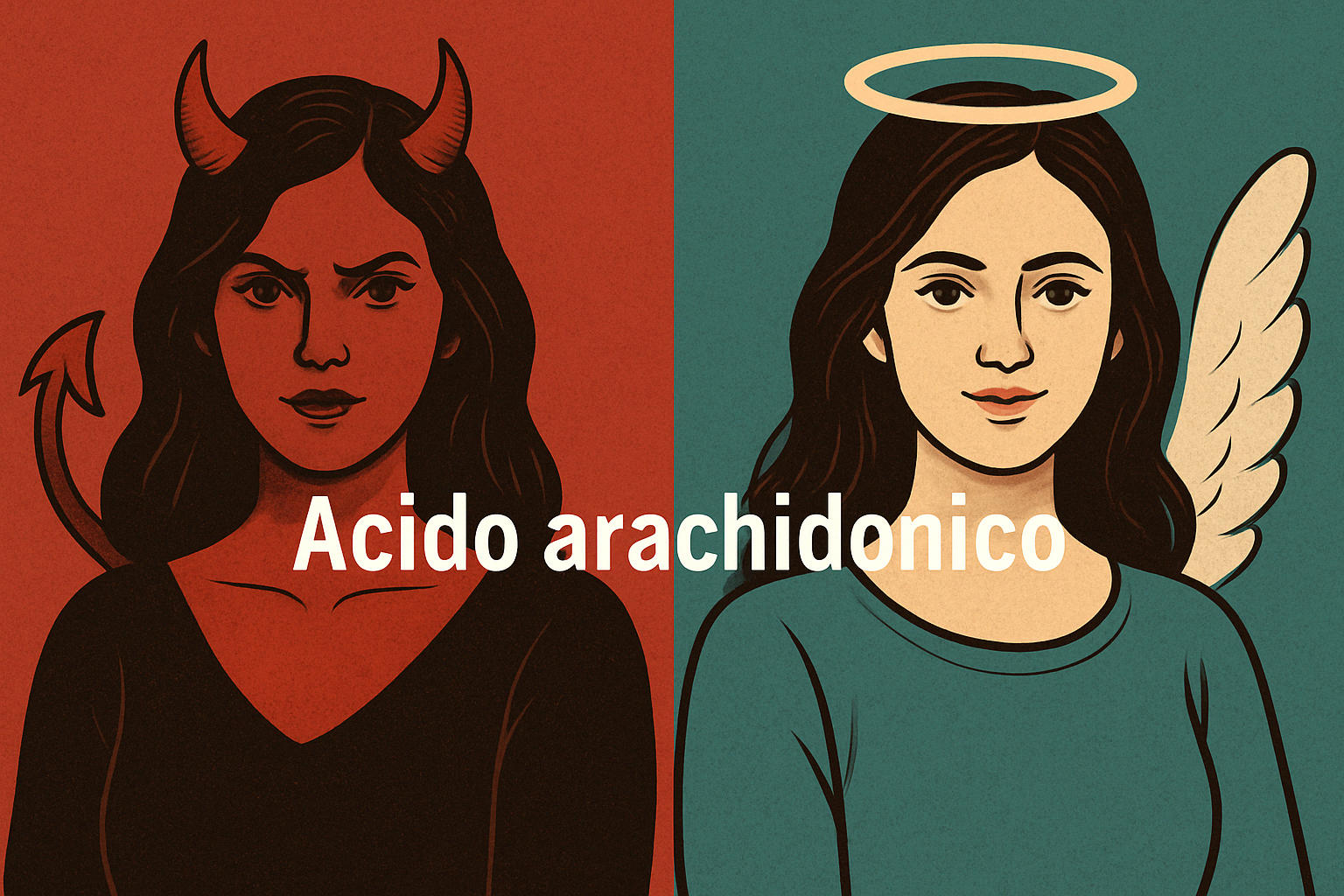 Immagine divisa a metà, con la stessa ragazza presente sia a destra (ma con aspetto angelico) sia a sinistra (con aspetto diabolico, ma non esagerare). A metà dell'immagine la scritta "Acido arachidonico"