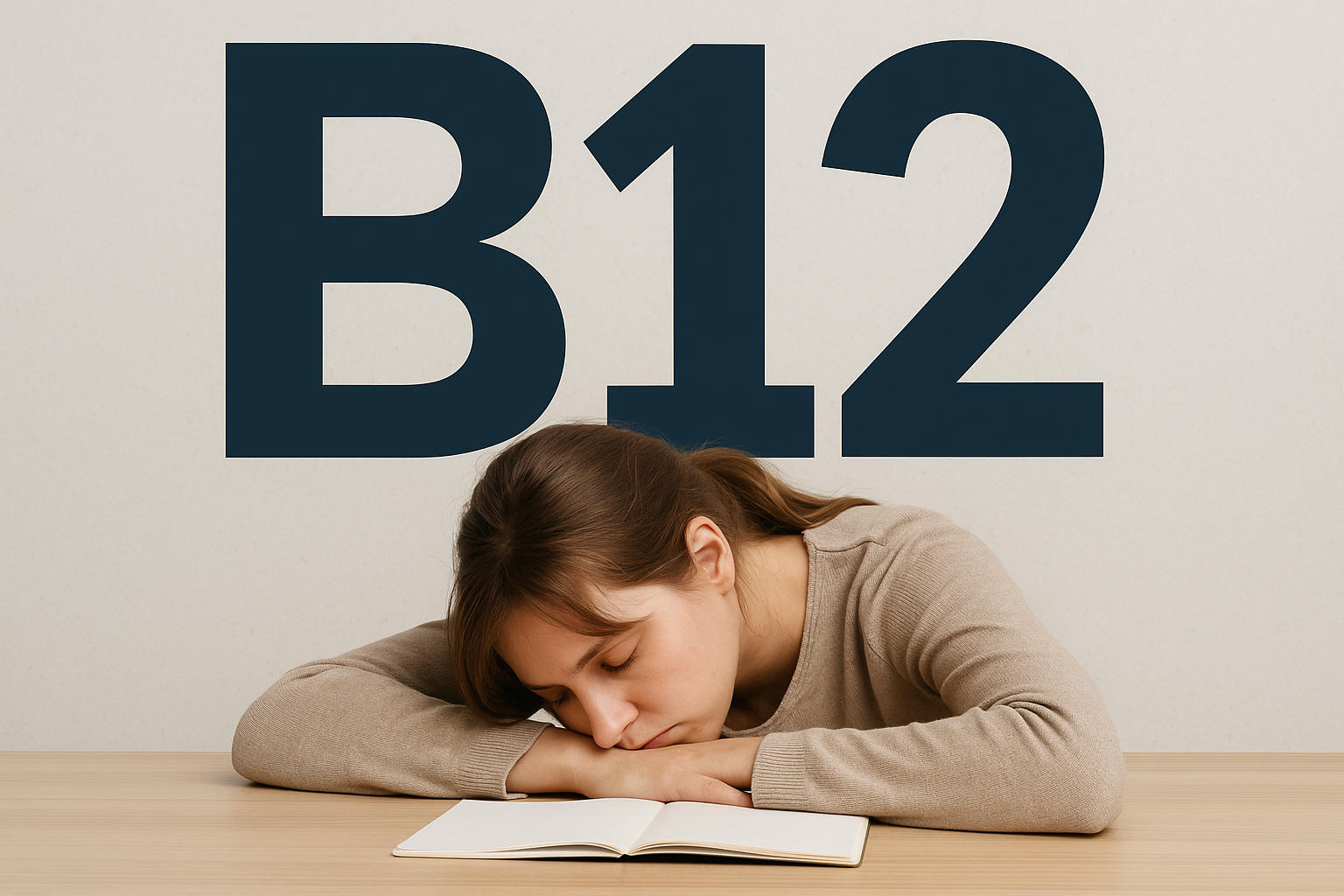 Ragazza che dorme sui libri, sovrastata dalla scritta B12
