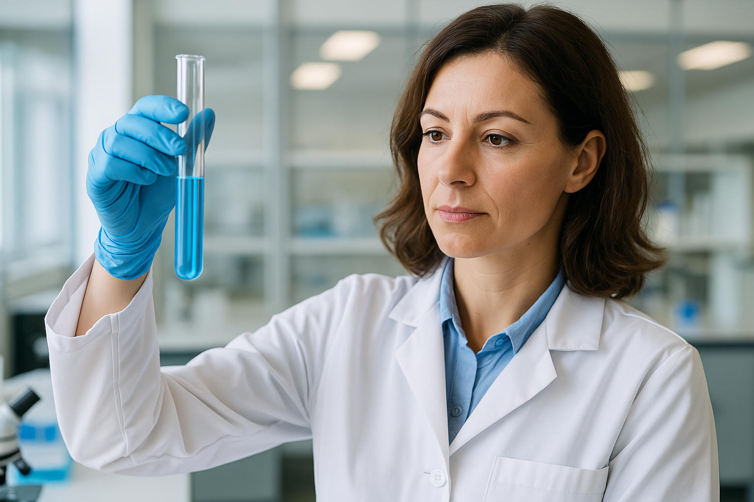 Biologa in laboratorio con una provetta in mano