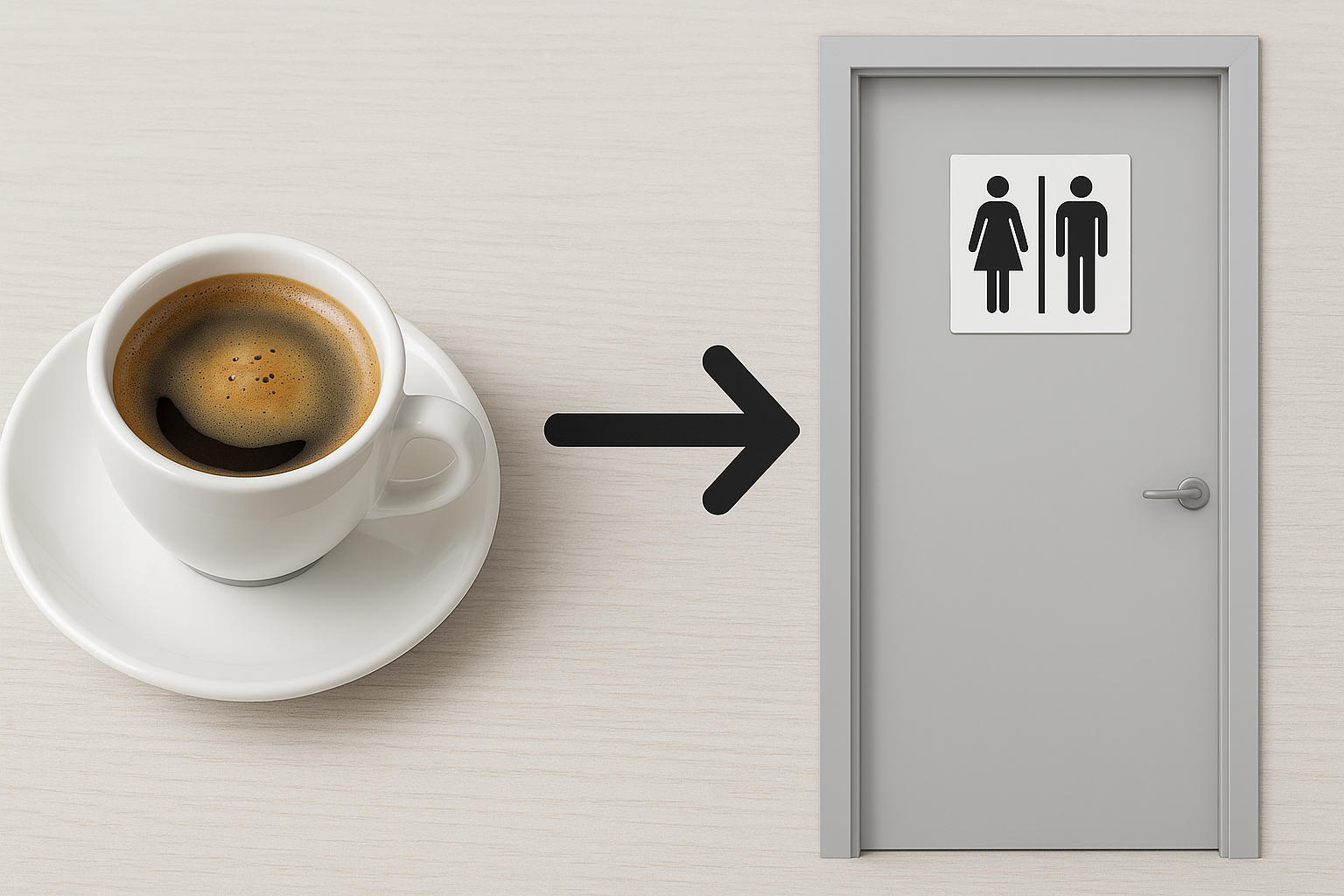 Tazzina di caffè da cui parte una freccia che punta verso la porta di un bagno