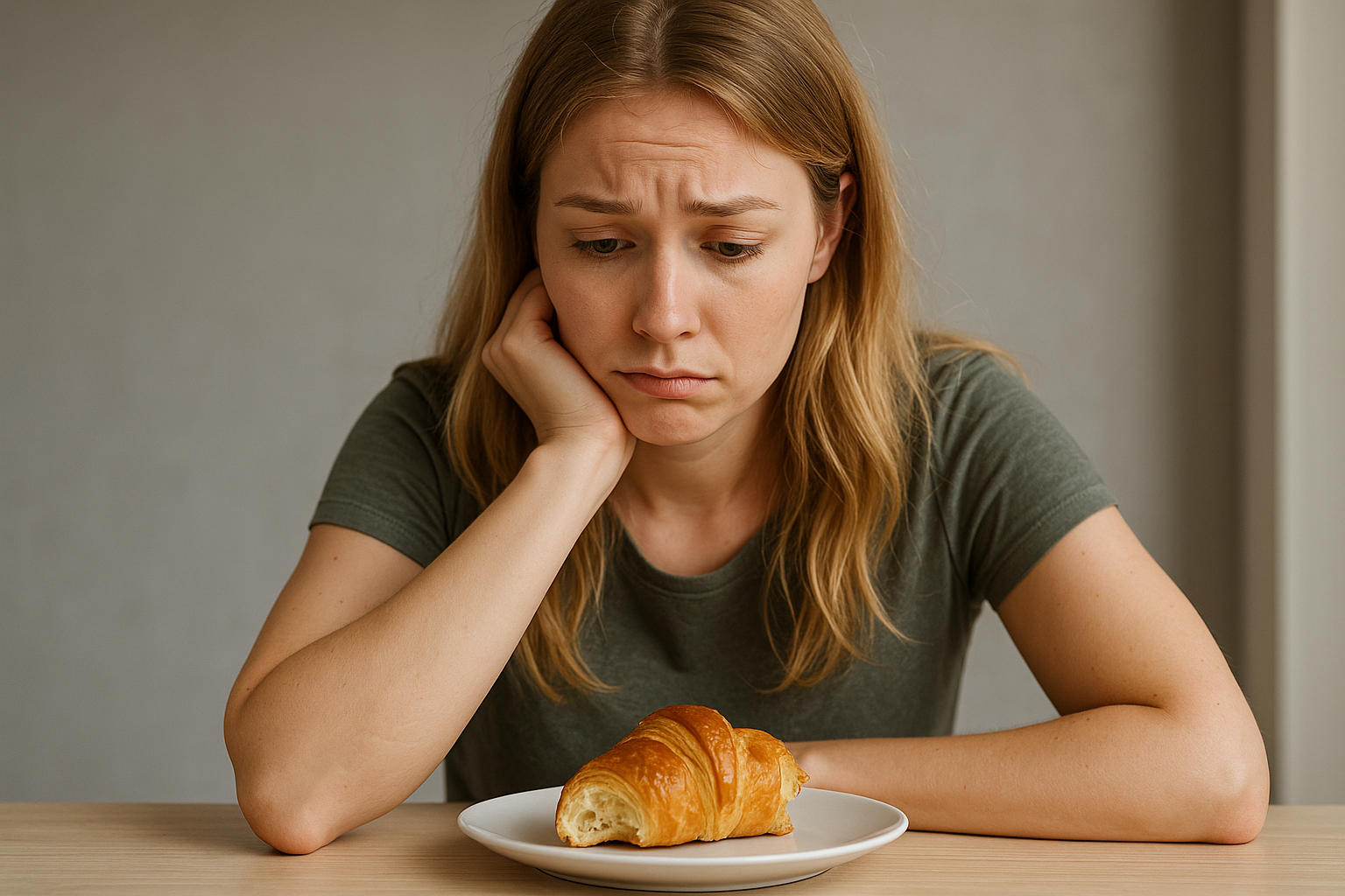 Ragazza che guarda con sguardo colpevole un croissant morsicato