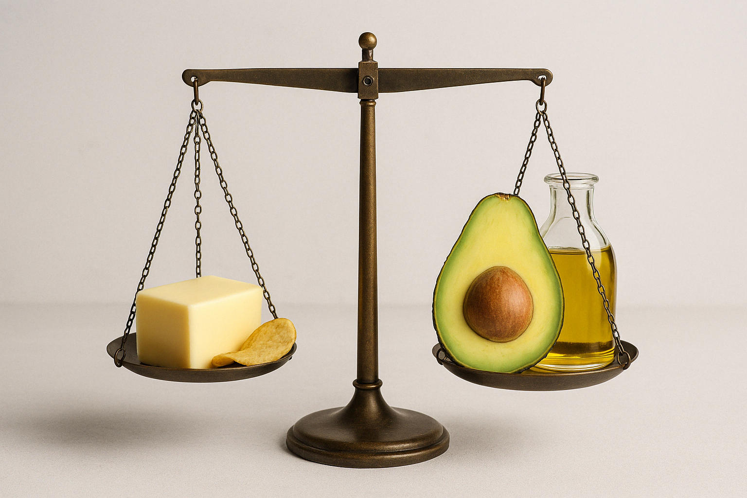 Bilancia, da una parte burro e patatine, dall'altra avocado e olio d'oliva