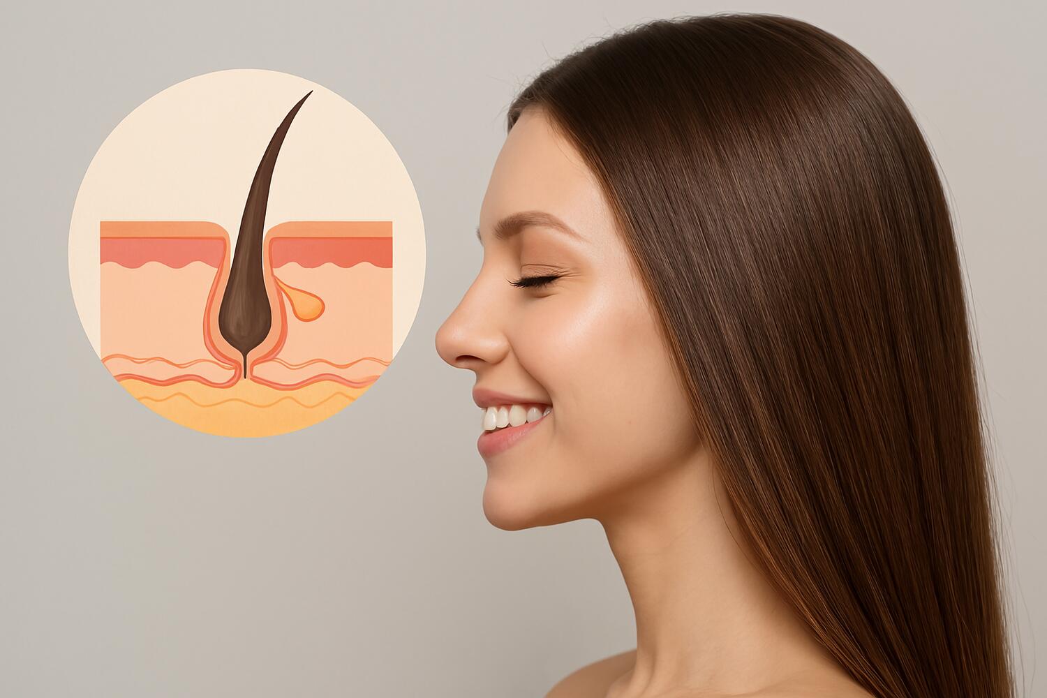 Ragazza di profilo con capelli lunghi e folti e in piccolo la sezione di un bulbo pilifero