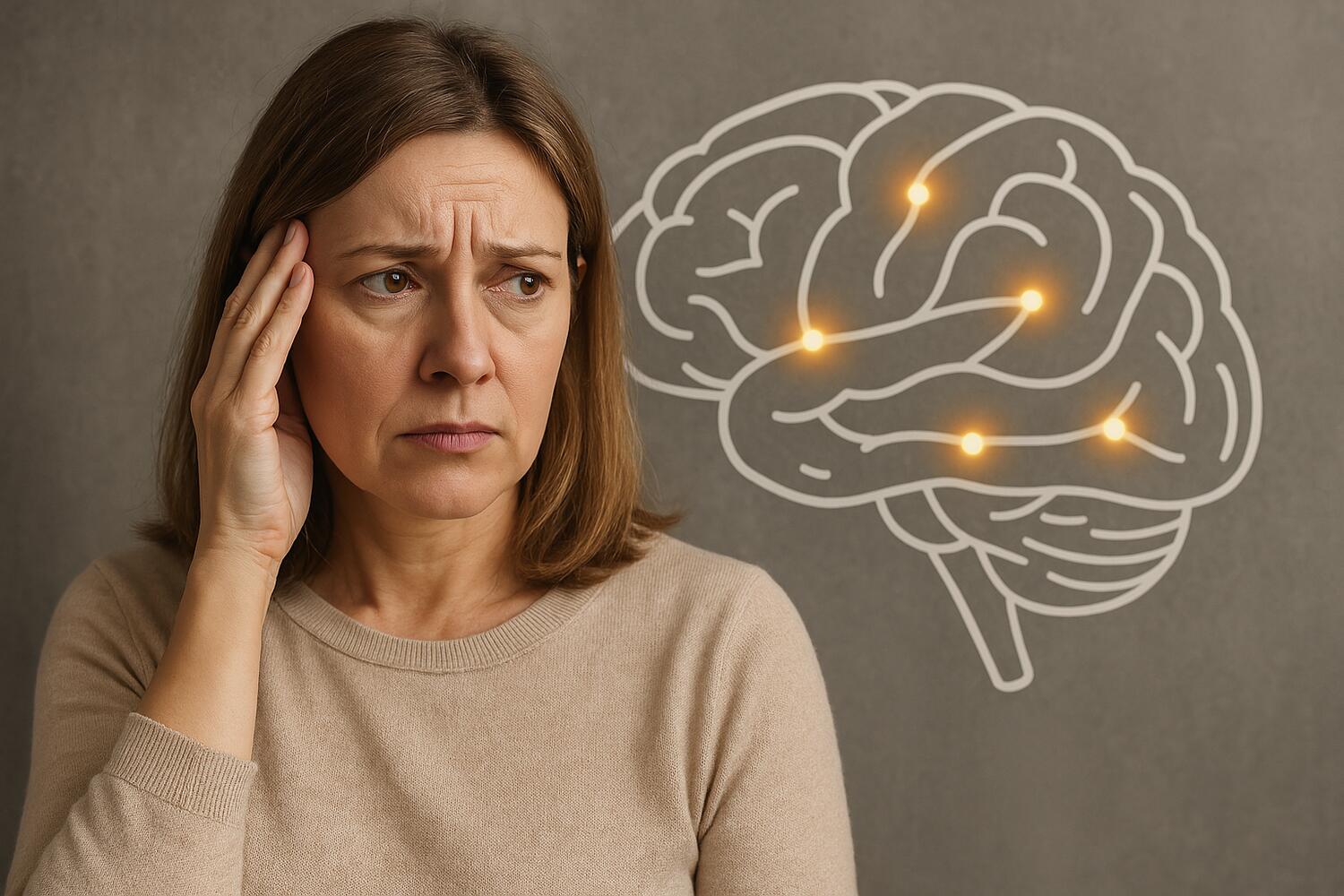 Donna di 50 anni e sguardo preoccupato. Sullo sfondo, in parte coperto, il disegno in 3 dimensioni stilizzato di un cervello con poche connessioni attive.