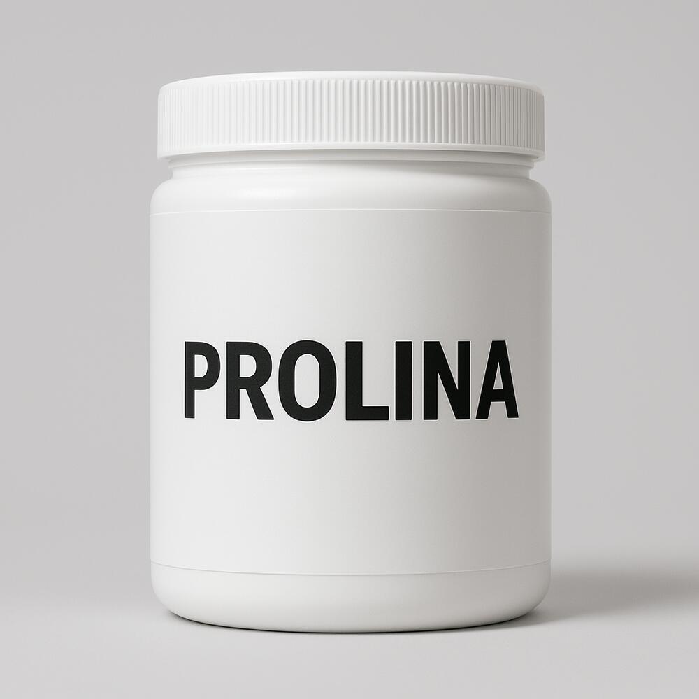 Barattolo bianco con la scritta "Prolina"