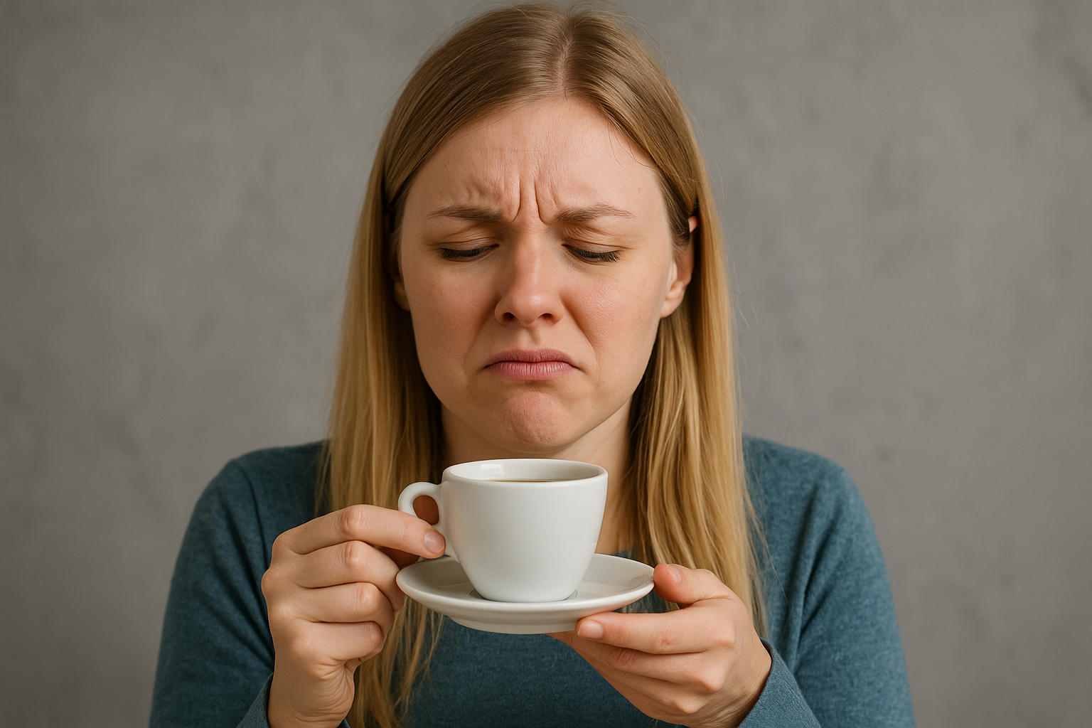 Ragazza che annusa una tazzina di caffè e fa una faccia strana perché NON sente profumi.