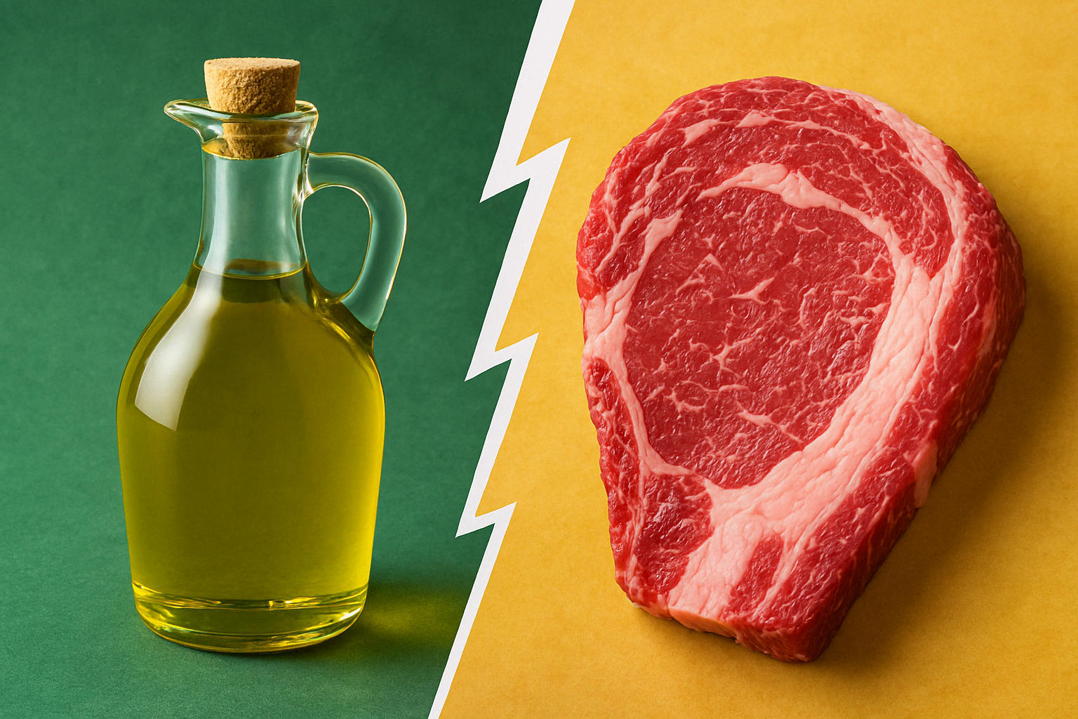 Immagine con da una parte l'olio d'oliva (sfondo verde) e dall'altra un taglio di carne ricca di grasso visibile (sfondo giallo). Sono separati da una linea a zig zag.