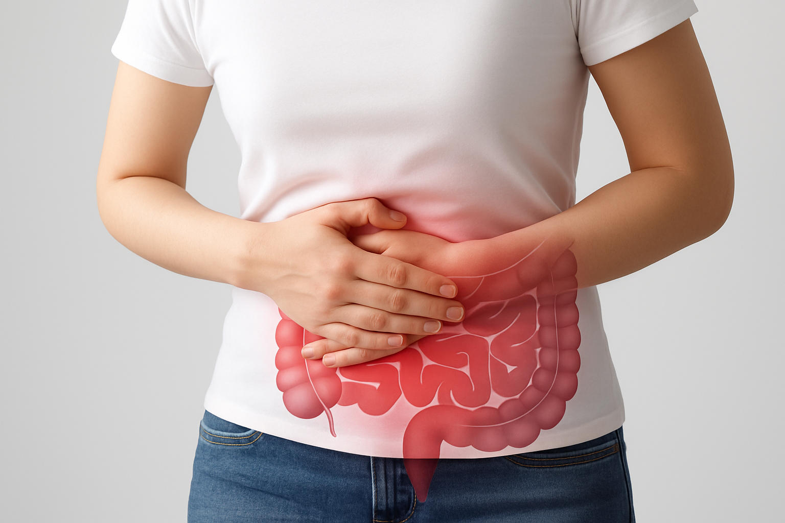 Persona che si tiene la pancia con entrambe le mani, suggerendo dolore addominale, mentre una rappresentazione grafica del tratto intestinale (intestino tenue e crasso) &egrave; sovrapposta in trasparenza sull&rsquo;addome, a indicare un possibile problema intestinale o disturbo del colon.