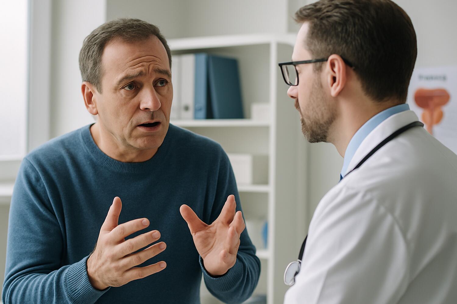 Uomo che parla preoccupato a un medico