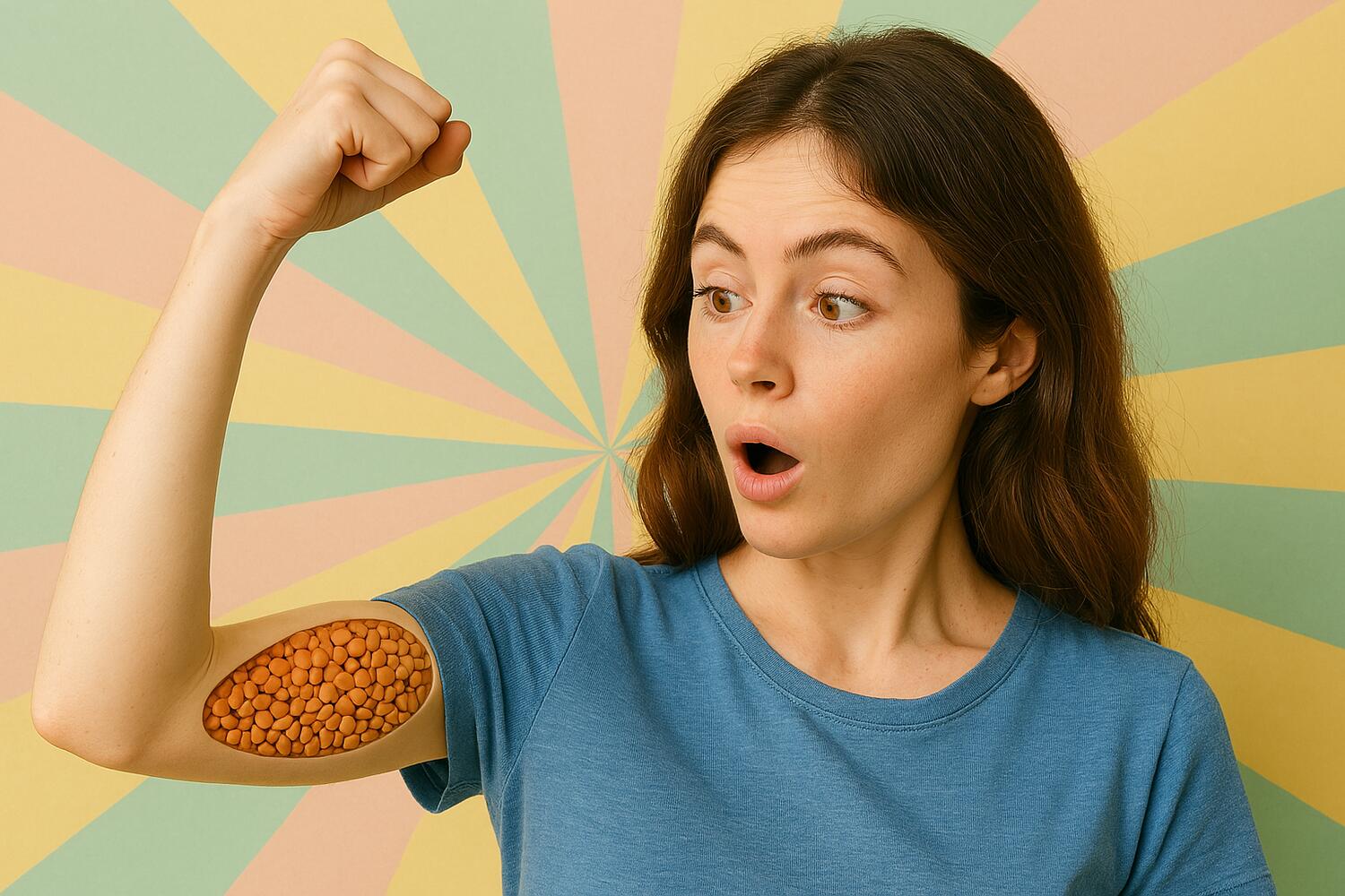 Ragazza che guarda stupita il suo muscolo al cui interno si vedono lenticchie