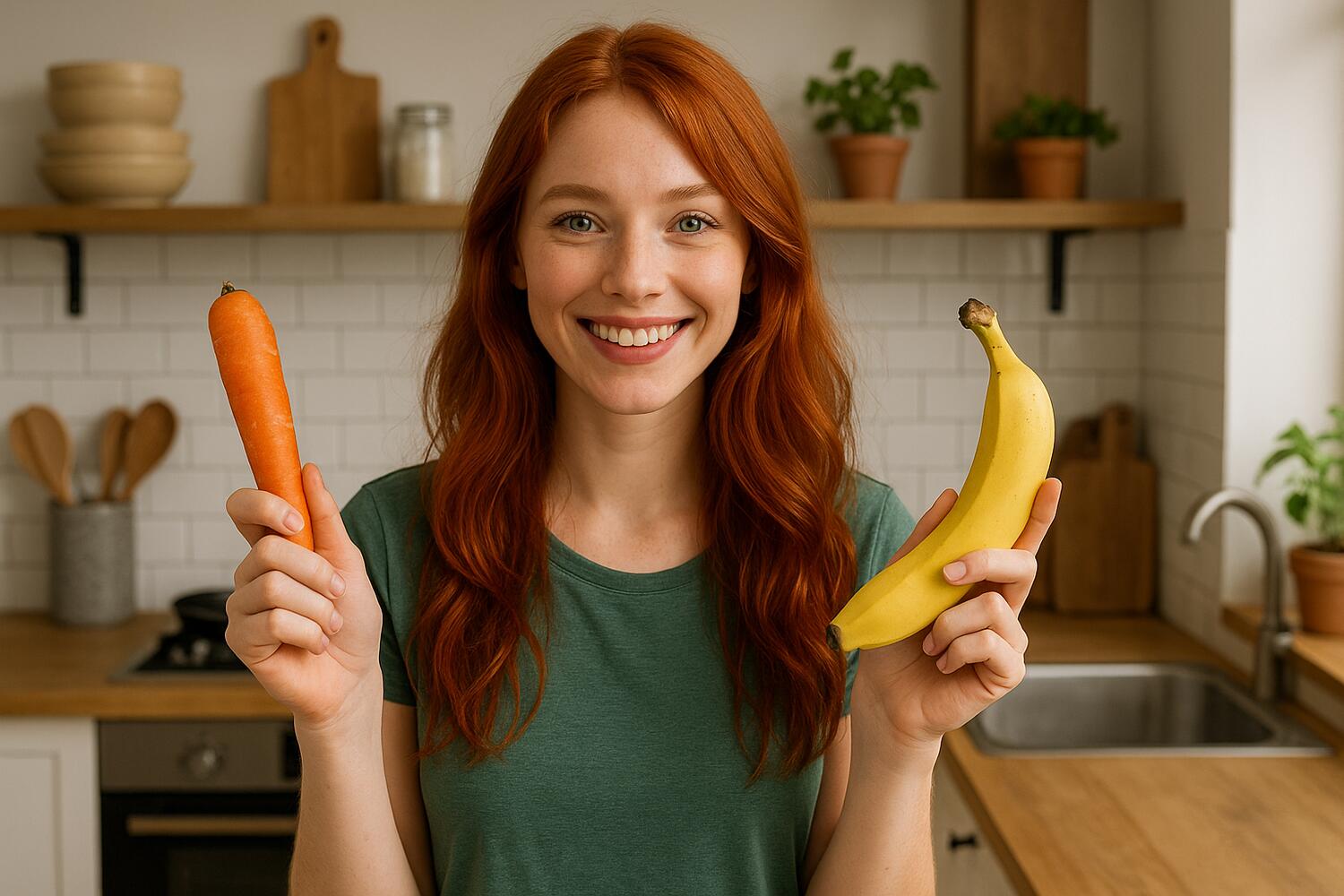Ragazza che tiene in mano una carota e una banana