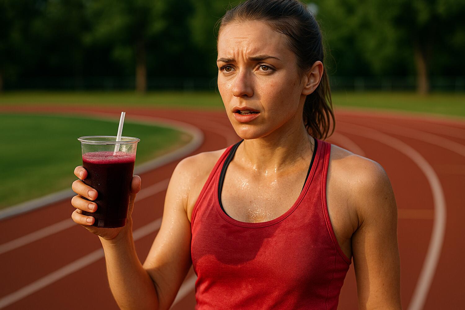 Ragazza su un campo di atletica mentre beve un succo di barbabietola