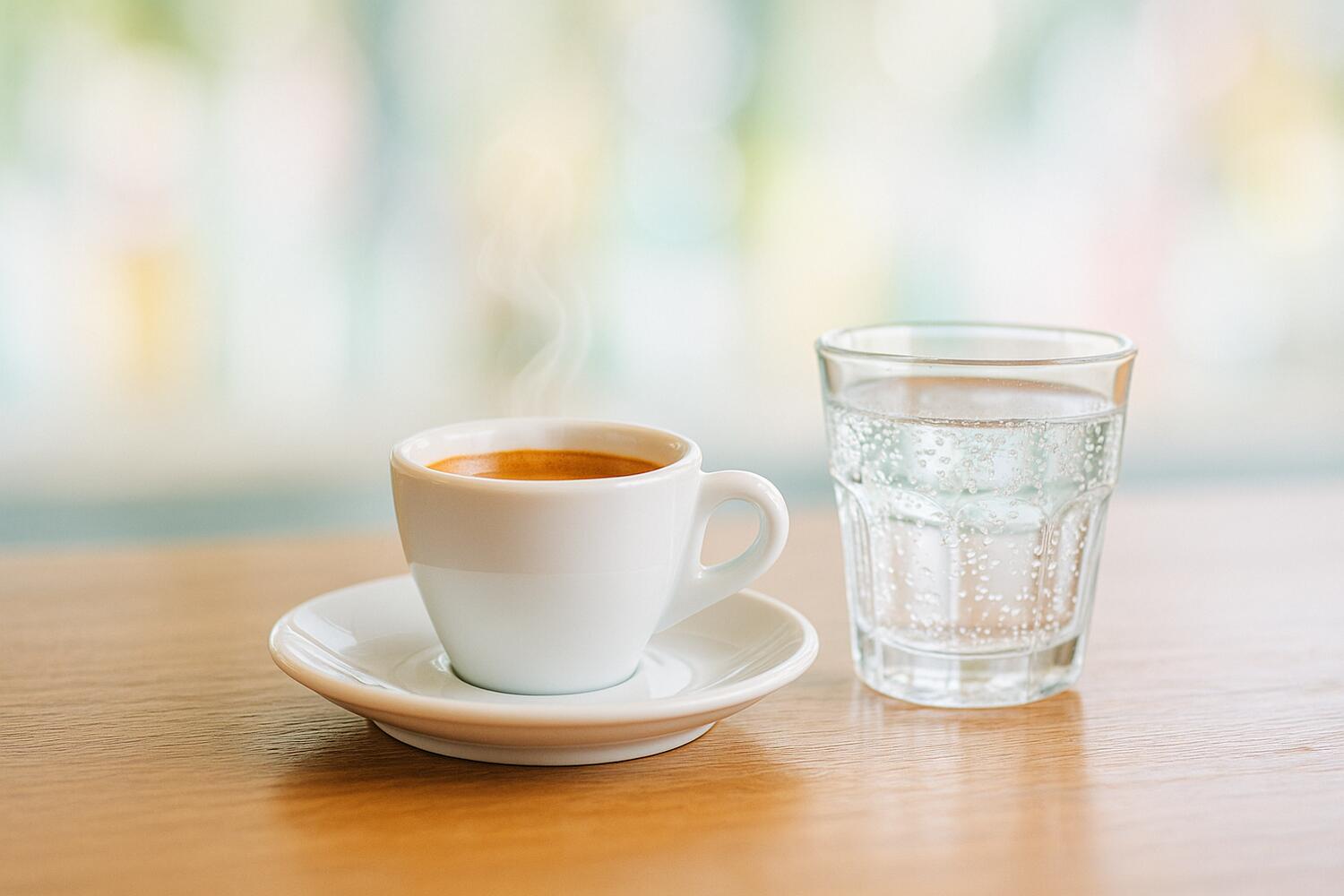 Una tazzina di espresso di fianco a un bicchiere di acqua