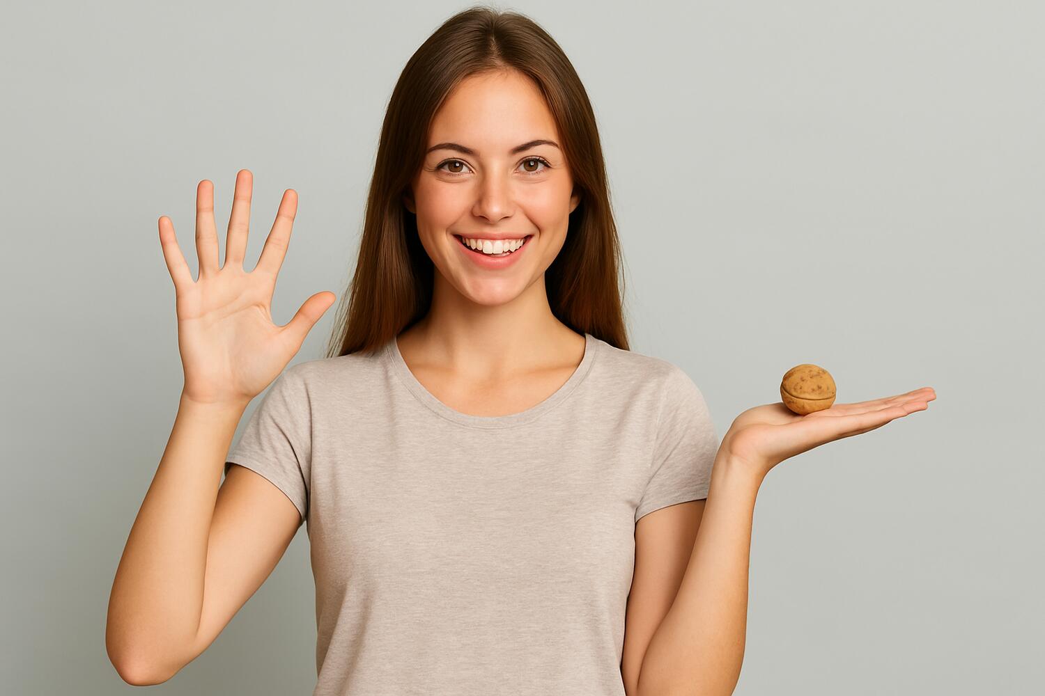 Ragazza con in mano una noce e con l'altre che indica 5 (inteso come 5 regole)