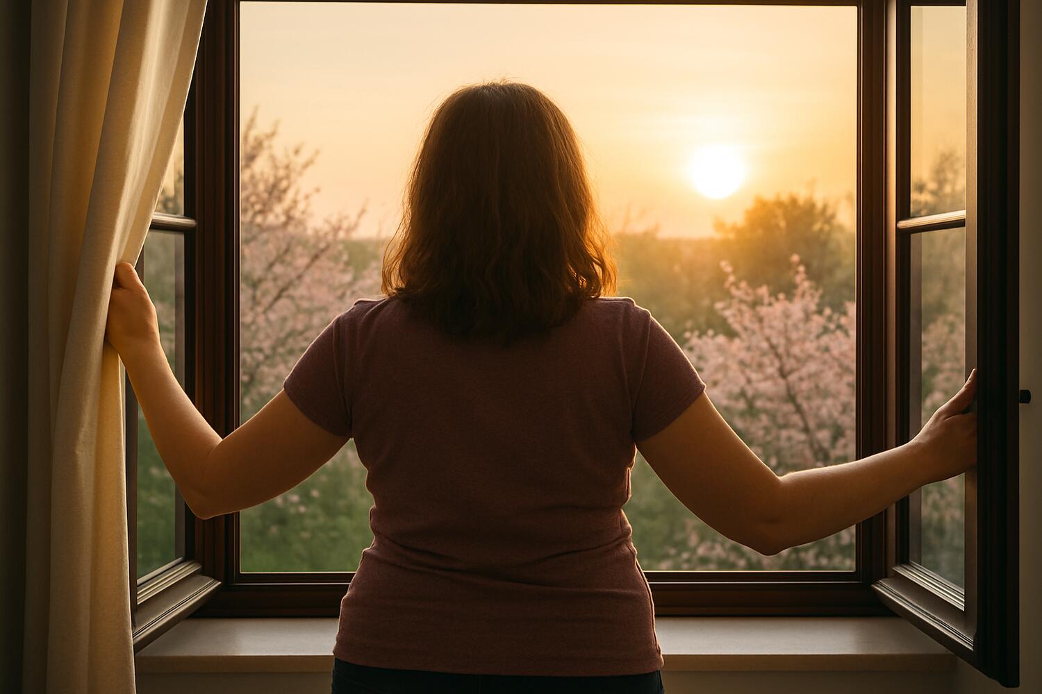 Donna di fronte a un'alba primaverile