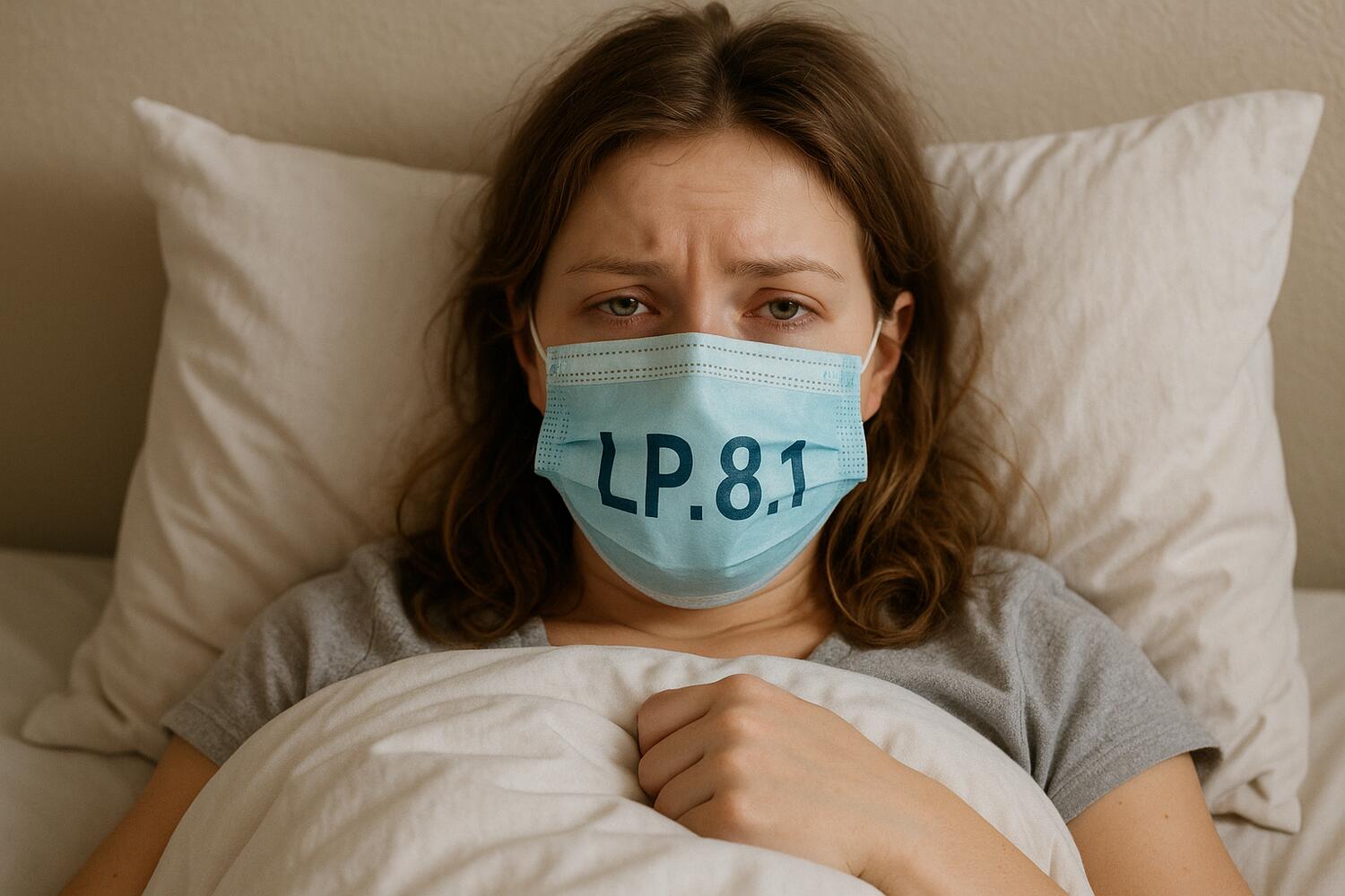 Ragazza a letto influenzata, con una mascherina con scritto LP.8.1
