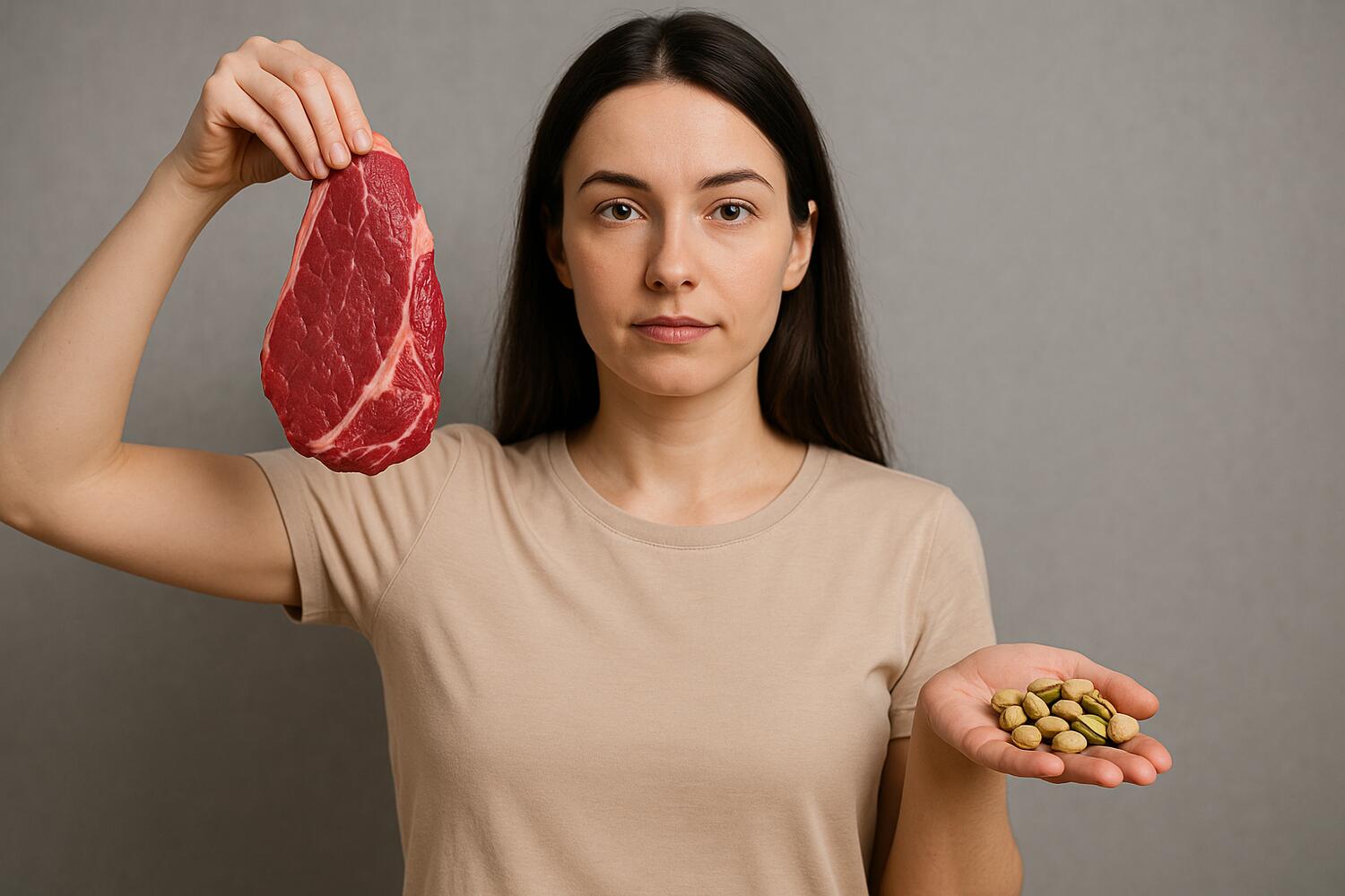 Donna tiene in una mano una bistecca, nell'altra dei pistacchi